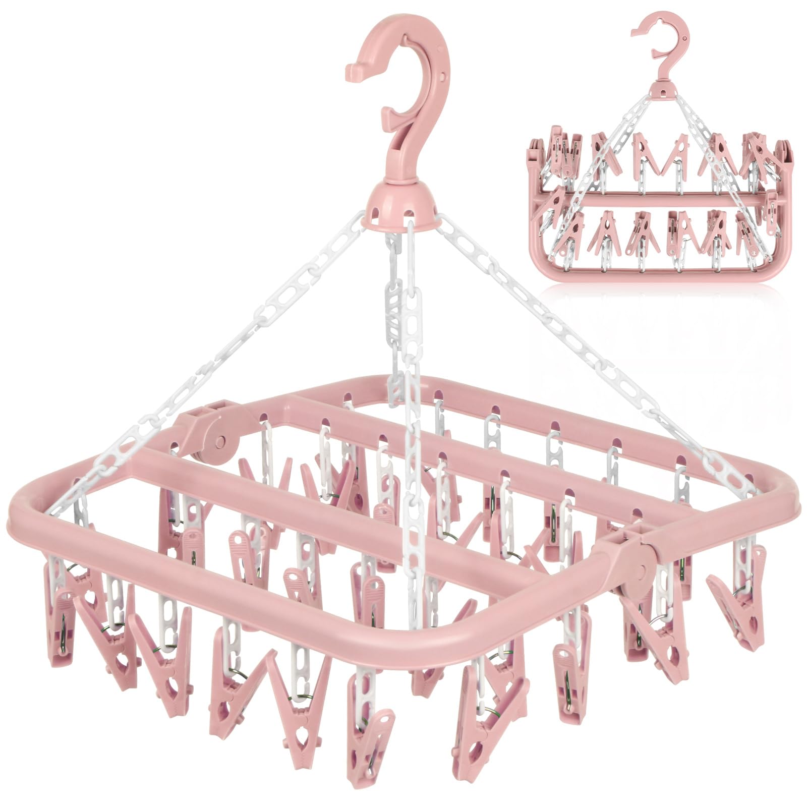 DDhayyp Clothes Drying Hanger with 32 Clips, Foldable Design Multi-Functional Sock Dryer and Rotary Wind-sock hanger for washing line, Ideal Hanger for Socks, Underwear, Bras, Baby Clothes (Pink) — image 1