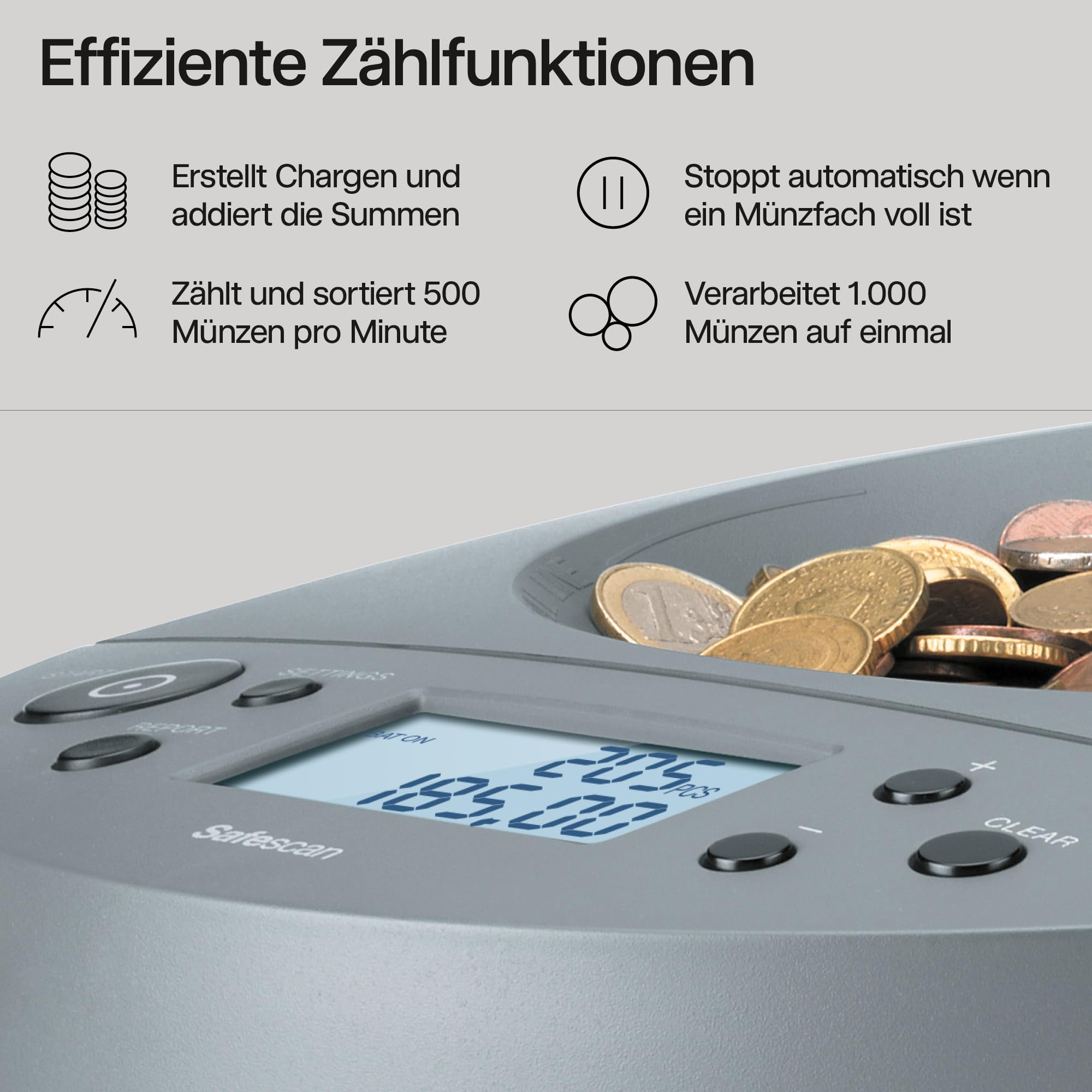 Safescan 1450 Münzzähler, der schnell große Mengen gemischter EUR-Münzen zählt und sortiert - Münzsortierer, sortiert Münzen nach Stückelung - Geldzählmaschine für das Zählen von Münzen