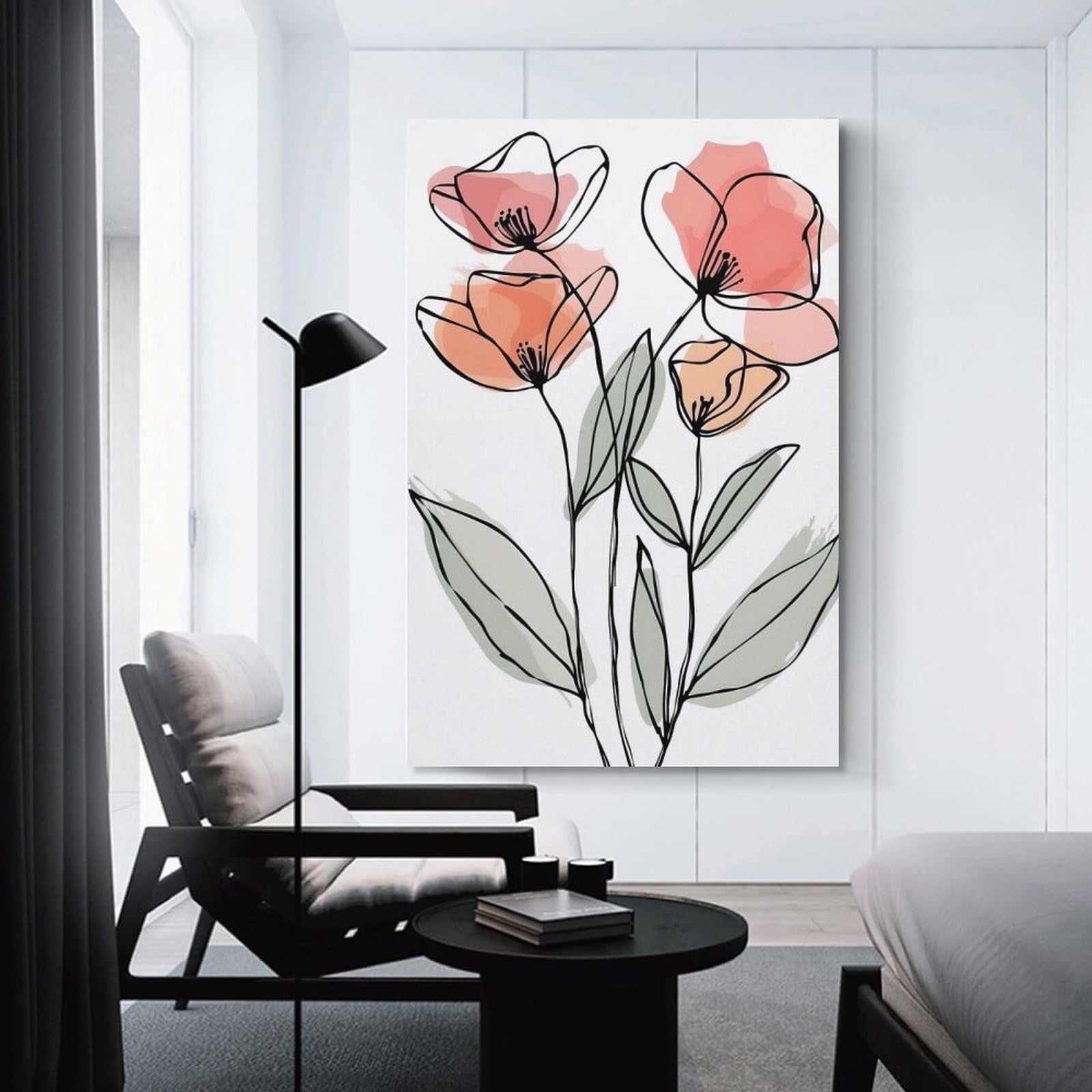 Junmoney Unframe-Style-20 Room Decor Wall Art Floral Line Art With Watercolor Accents, 16X24inch(40X60cm), For Entrance Spaces, Stair Walls Or Halls, Home Artwork For First Impressions