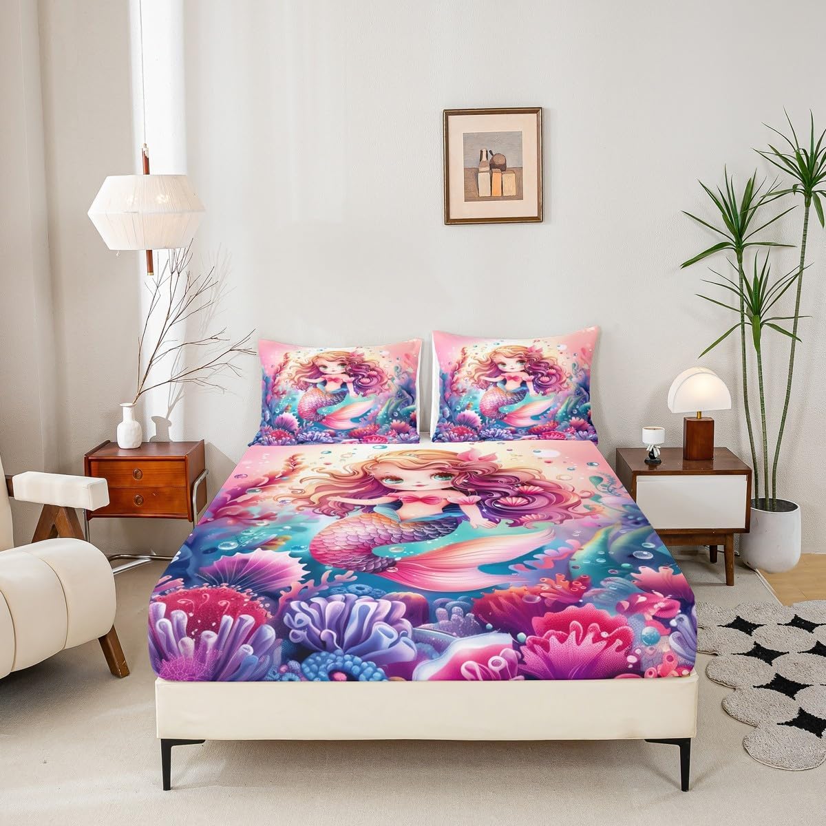 Kawaii Mermaid Fitted Sheet Queen Size Girlish Fairy Tale Bedding Set Kids Room Decor Undersea Coral Seaweed Bed Cover with 2 Pillowcases Mermaid Tail Soft Polyester Bedding,No Top Sheet