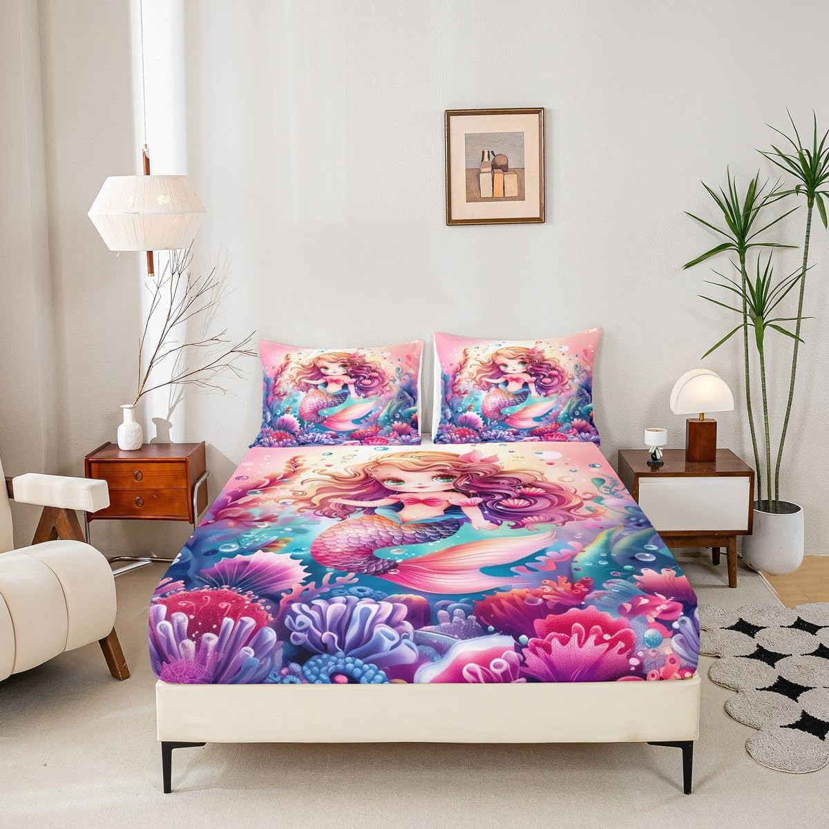 Kawaii Mermaid Fitted Sheet Queen Size Girlish Fairy Tale Bedding Set Kids Room Decor Undersea Coral Seaweed Bed Cover with 2 Pillowcases Mermaid Tail Soft Polyester Bedding,No Top Sheet