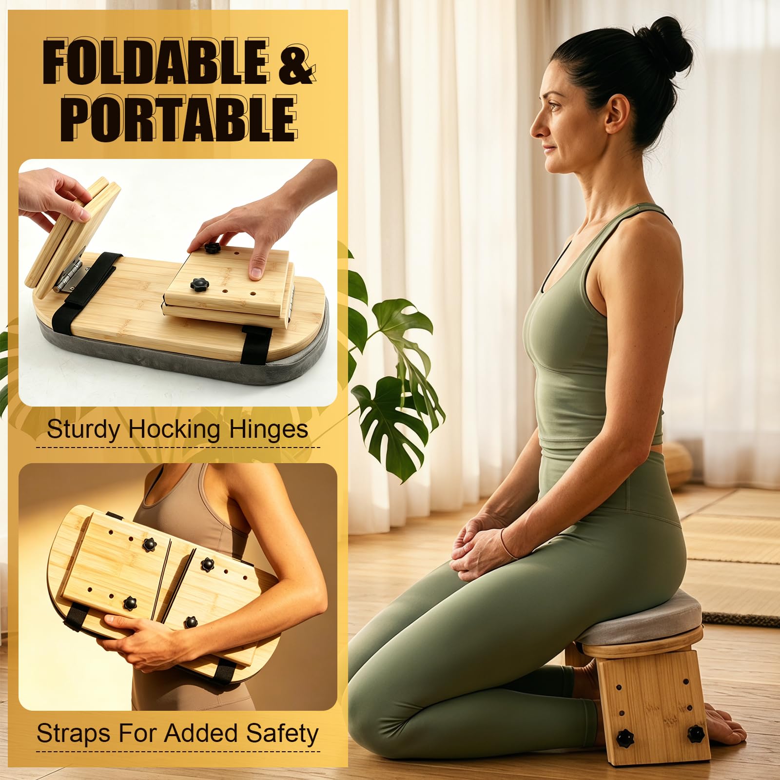 Banco de Meditación Plegable, Taburete ergonómico de bambú para Yoga, Taburete de meditación con cojín, Silla de meditación portátil con Bolsa de Transporte para arrodillarse, oración