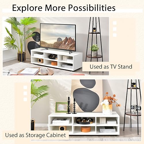 Miniatura 9 de LOKO Soporte de TV de 6 compartimentos para TV de más de 50 pulgadas, mesa consola de TV de madera blanca con 6 cubos de almacenamiento y estantes