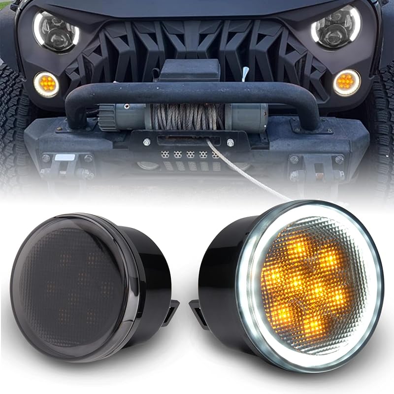 Luzes de seta LED âmbar AUXLIGHT com DRL Halo e lente fumê para Jeep Wrangler JK JKU 2007–2018 – Par
