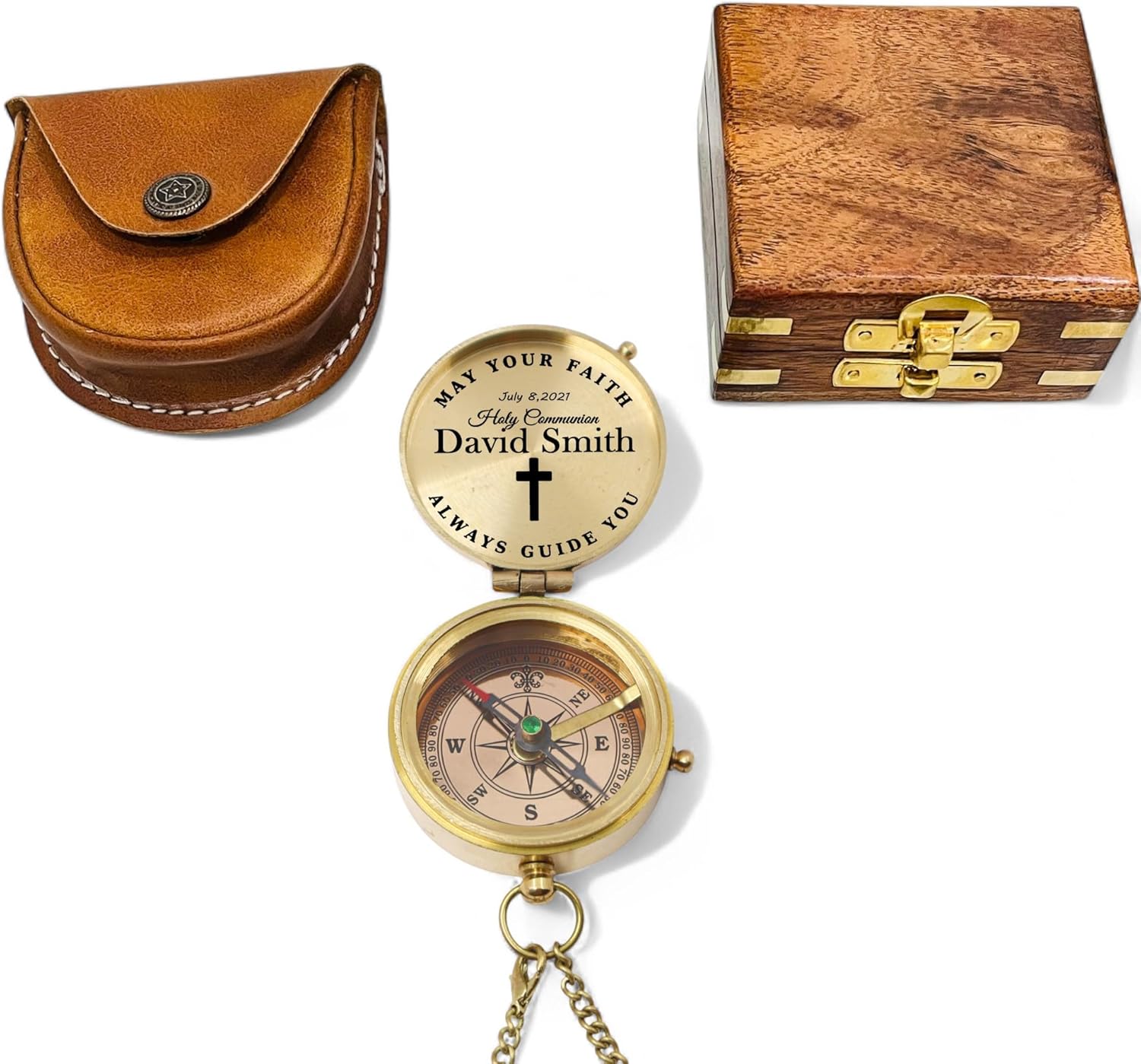 Personalised Baptism Compass with Engraved Name & Date – Religious Keepsake Gift for First Communion, Confirmation – Includes Wooden Gift Box & Leather Case for Lasting Memories
