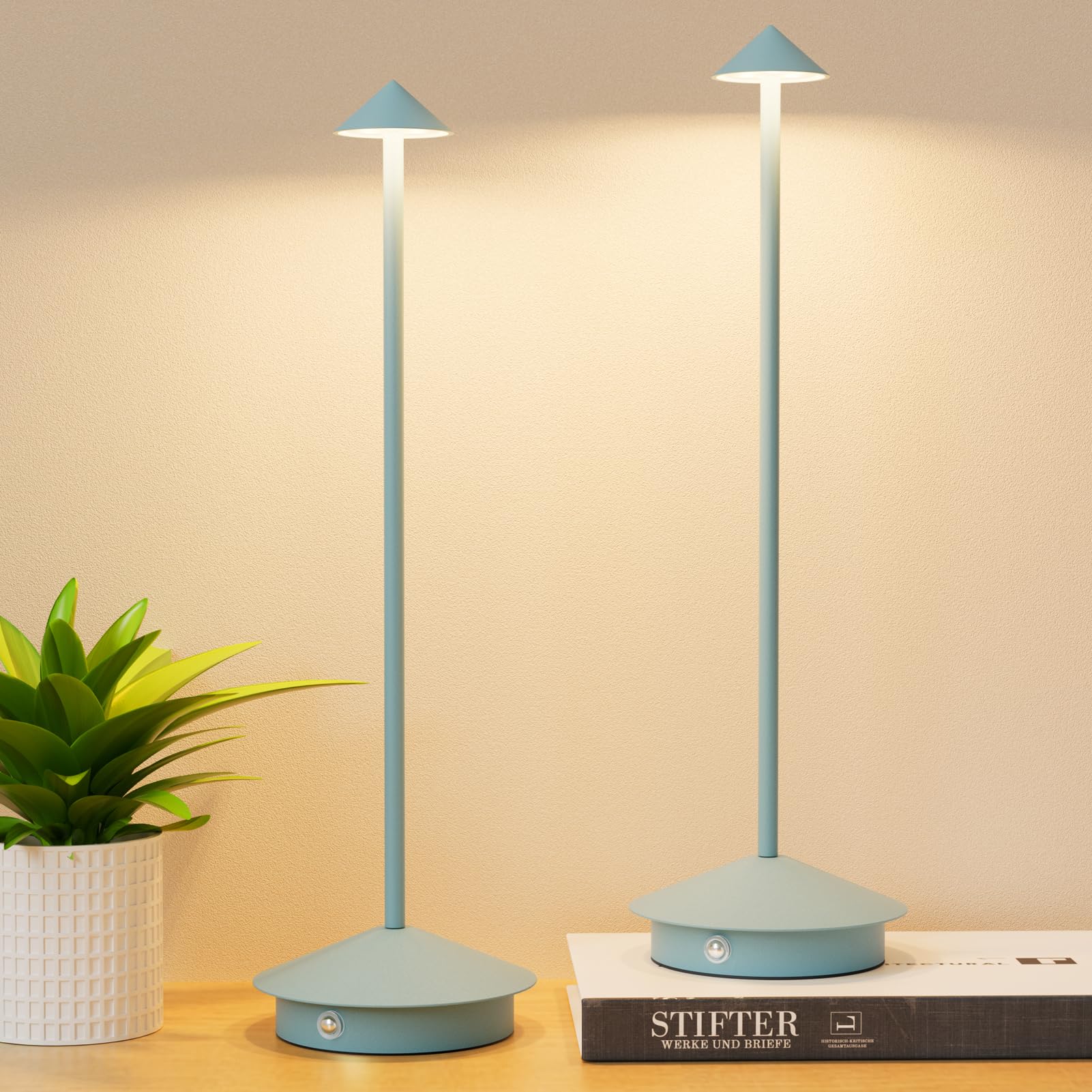 Aoceley 2-Pack 6000mAh Rechargeable Led Table Lamp Cordless,3000K-6000K Stepless Dimming Touch Lamps with Memory Function,IP54 Waterproof Aluminum Table Light for Outdoor/Bars/Restaurant/Patio(Blue)