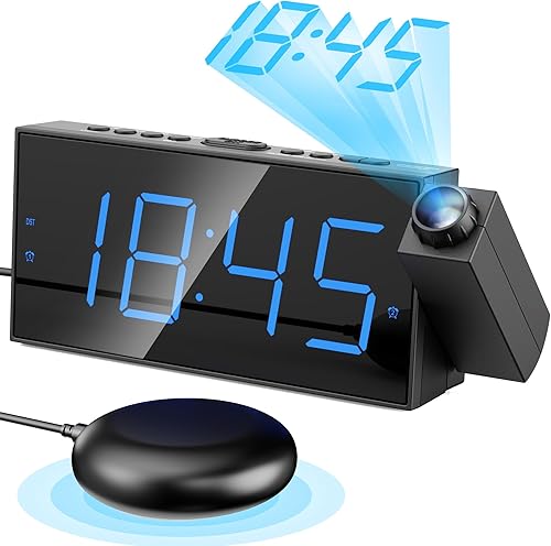 Miniatura 20 de Reloj despertador digital de proyección con agitador de cama para dormitorio, reloj despertador extra fuerte para durmientes pesados, reloj Dígitos