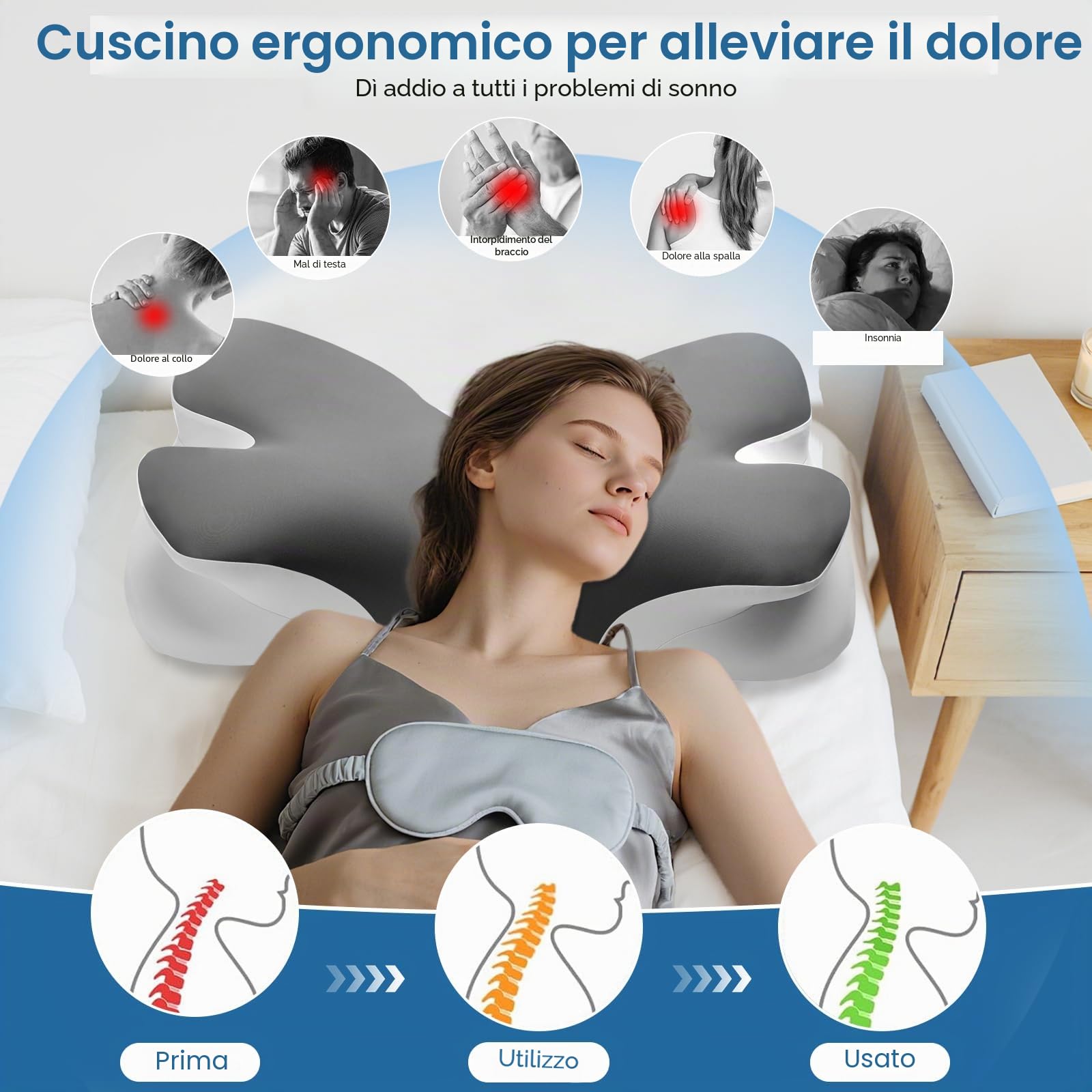 Cuscino Cervicale Cuscino Ortopedico per Dolori al Collo e Alle Spalle Cuscini Ergonomici in Memory Foam Cuscini Comodi per Sostenere il Collo Durante il Sonno