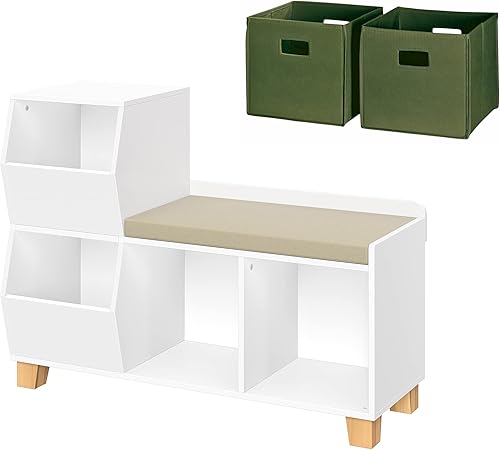 RiverRidge Kids Catch-All - Banco de almacenamiento con varios compartimientos con 2 unidades, color blanco con 2 cubos de oliva