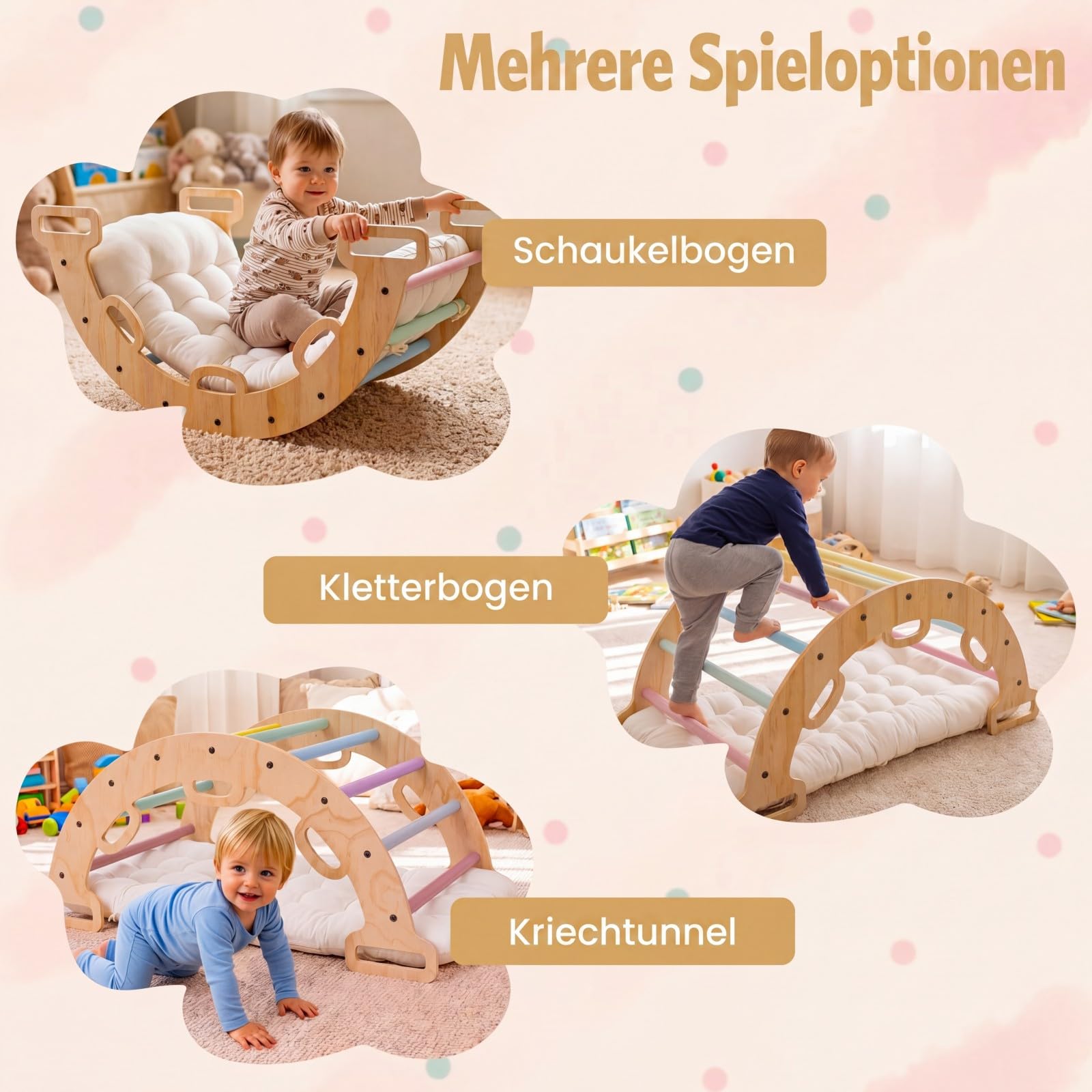 COSTWAY Kletterbogen Holz mit Kissen, Montessori Kletterwippe, Kletterdreieck zum Wippen, Klettern und Krabbeln, Bogenwippe, Regenbogen, Indoor Klettergerüst für Kinder ab 3 Jahre (Macaron)