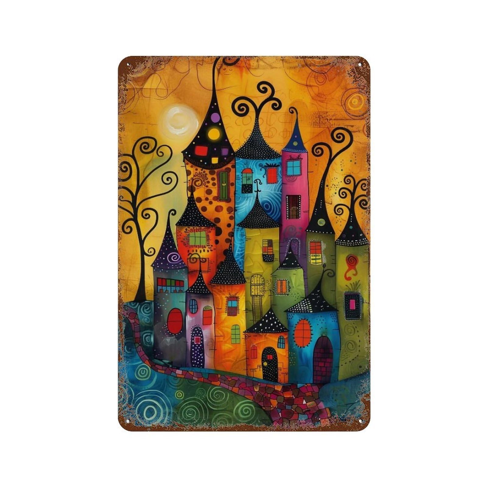 HDURYEYRYY Whimsical Colorful Fairy Town 03 Wall Retro Iron Vintage Art Metal Tin Sign Poster Modern Home Cofffee Club Art Bar Shop Decor Style 30x20cm