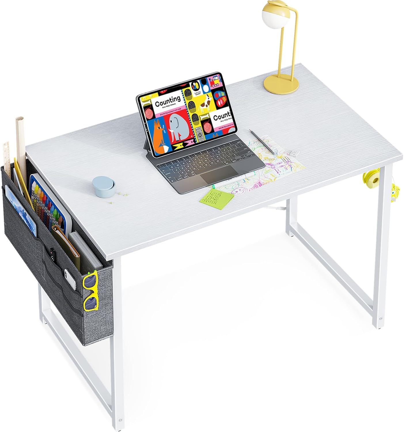 ODK 32 inch Small Computer Desk Study Table for Small Spaces Home Office Student Laptop PC Writing Desks with Storage Bag Headphone Hook, White + White Leg