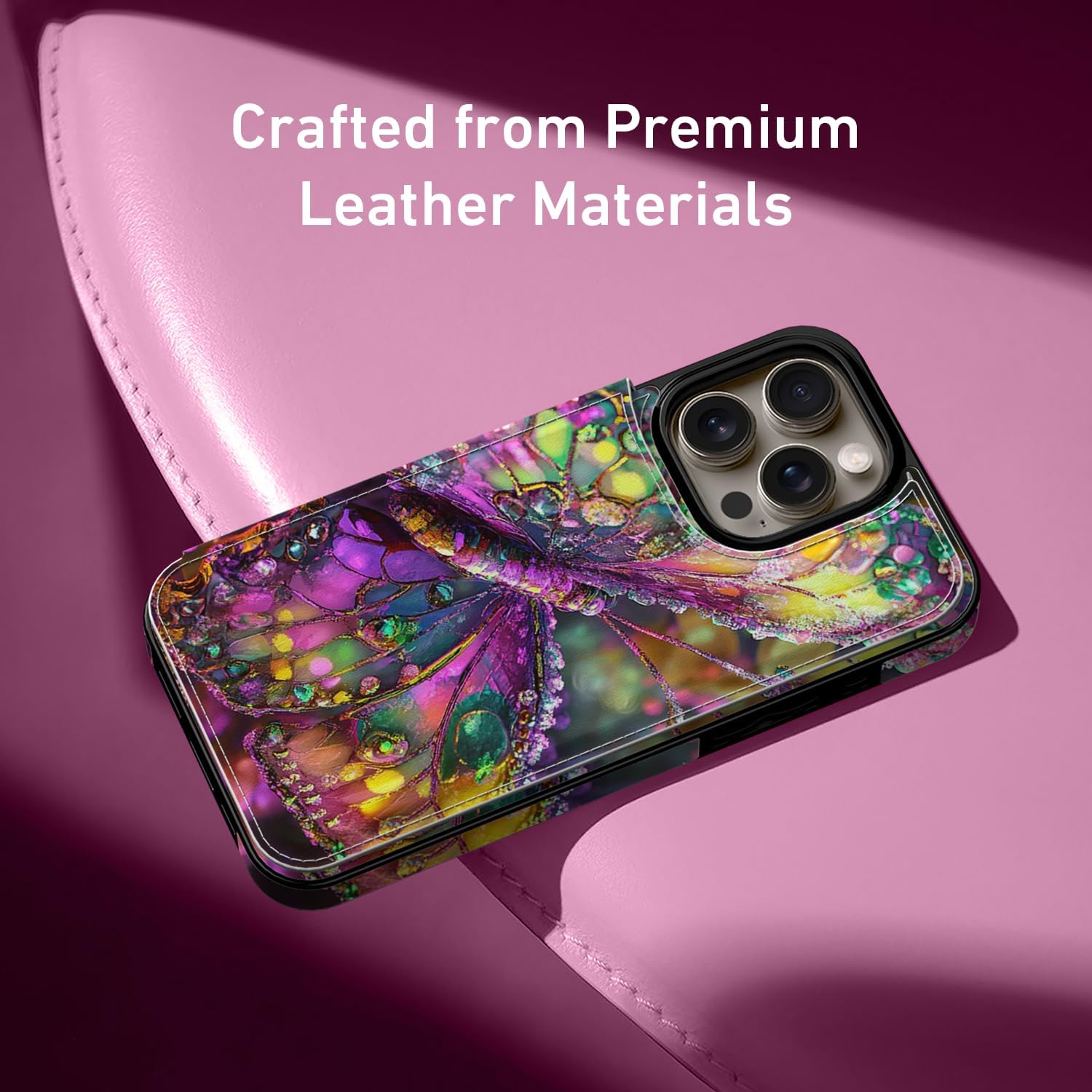 FUNMIKO for iPhone 15 Pro Max Wallet Case with Card Holder, RFID-Blocking, Military-Grade Protection & UV-Printed Artwork, Magnetic Closure with Leather Kickstand - Vibrant Elegant Butterfly - Image 4