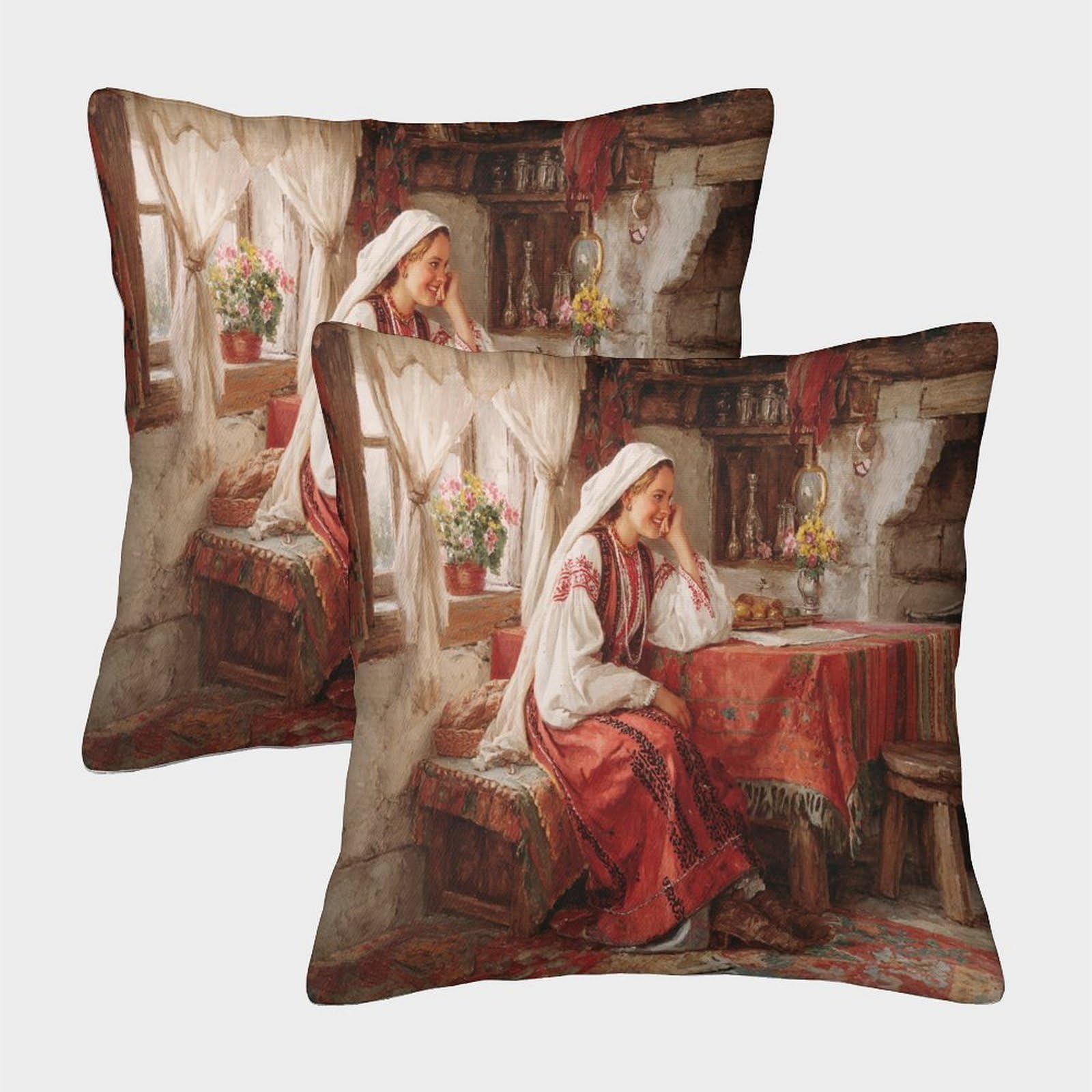kaiyun 2 Pack 3D A 19th-century Watercolor Painting Depicting A Woman in Traditional Clothing Cushion 3D Soft Touch Pillowcase,sofa Chair Home Furnishings 50x50cm