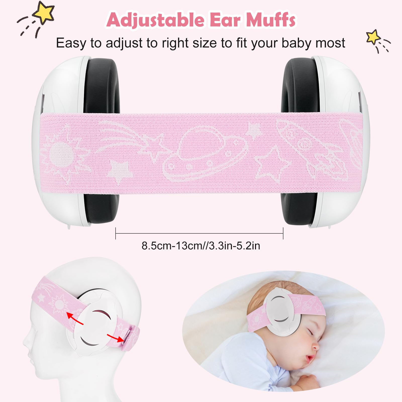 Baby Ear Defenders e protezioni, protezioni per le orecchie dei bambini con morbido cuscino regolabile paraorecchie a cancellazione di rumore per bambini compresa tra 3 mesi e 2 anni 25dB, rosa