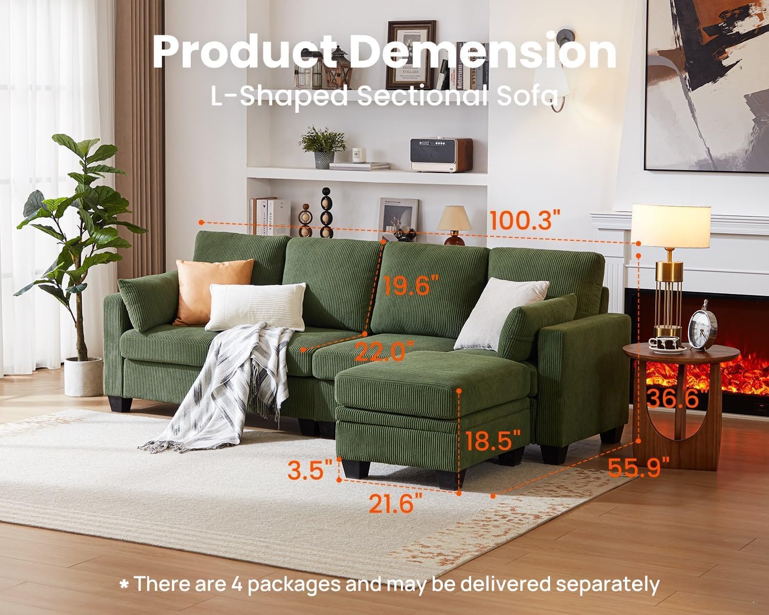 Modular Sectional Sofa with Storage Ottomans, Corduroy Cloud Couch for Small Spaces & Apartments, Reconfigurable L/U Shaped Convertible Corner Sofa, Green, 5 Seater Sectional