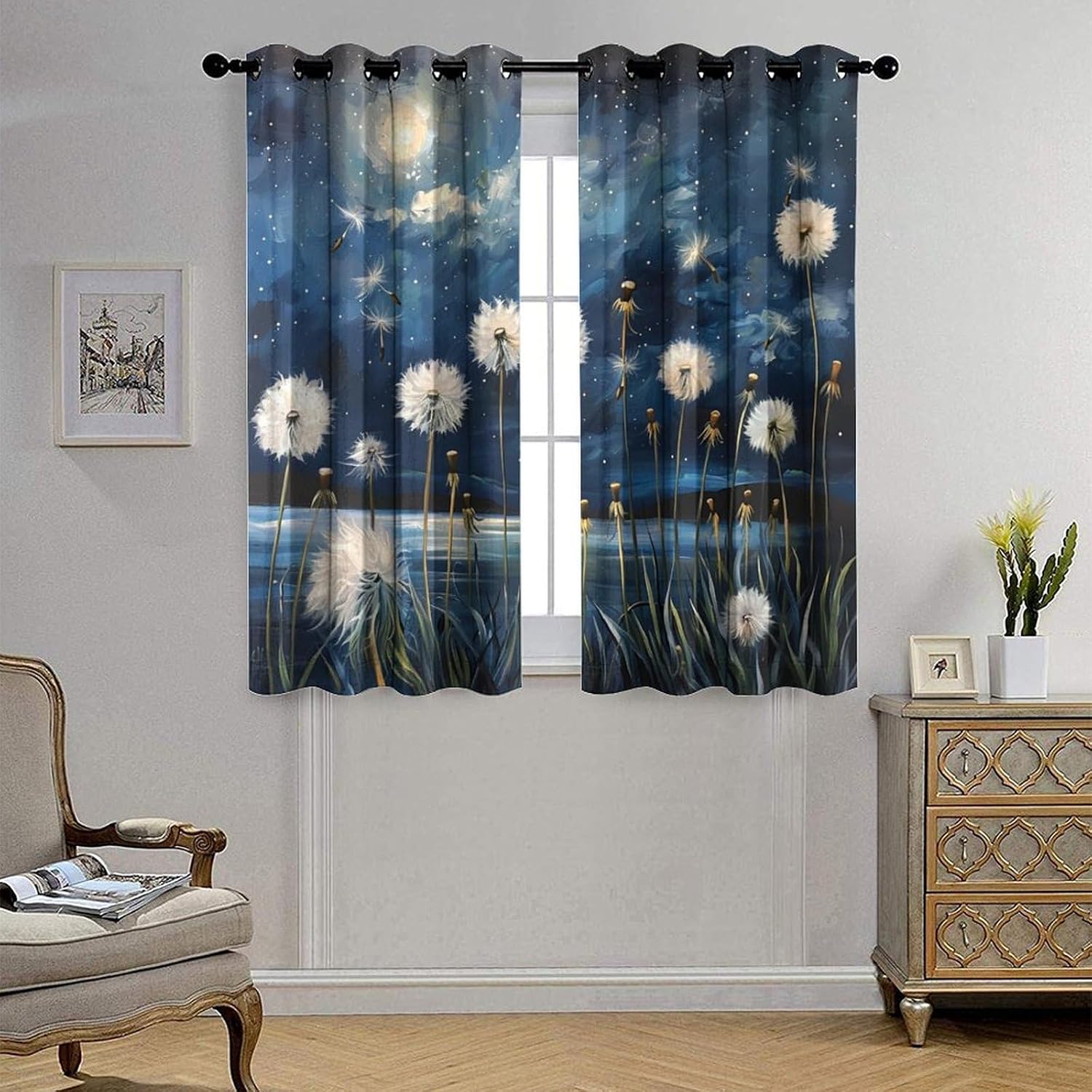 Fantasy Dandelion Blackout Curtains for Bedroom, Moon Star Floral Nature Garden Grommet Curtains Thermal Insulated Window Drapes for Living Room, 21W x 54L, 2 Panels