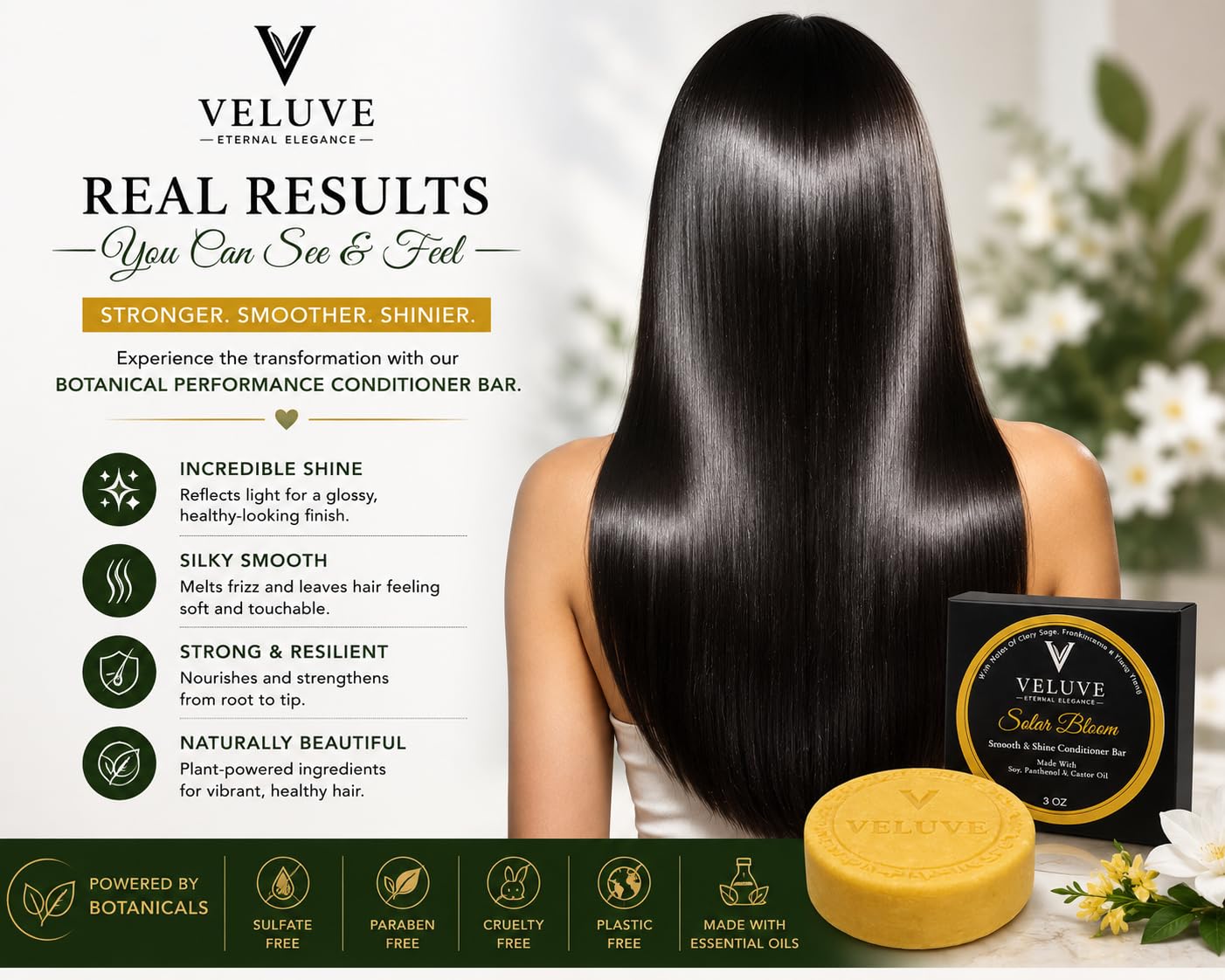 Veluve Silicone Free Conditioner Bar Amber Frost – Solid Slip-Enhancing Botanical Formula – Detangling & Lightweight Moisture – Plastic-Free Premium Hair Care – 3 oz