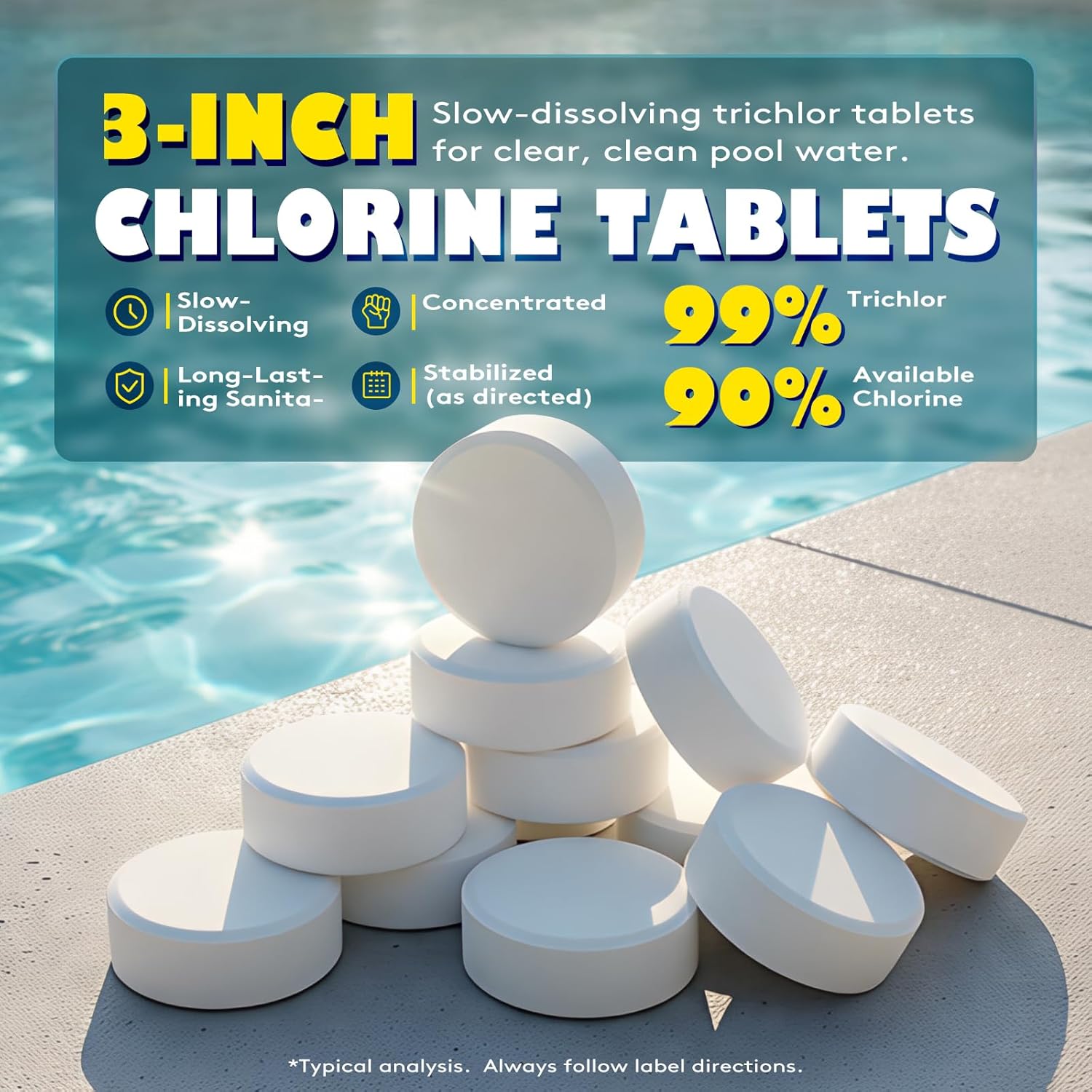 50 LBS Chlorine Tablets 3 Inch - 99% Trichloro & 90% Available Chlorine - Slow Dissolving Stabilized Pool Sanitizer, UV Protected Pucks for Swimming Pools, Spas - 50 LBS