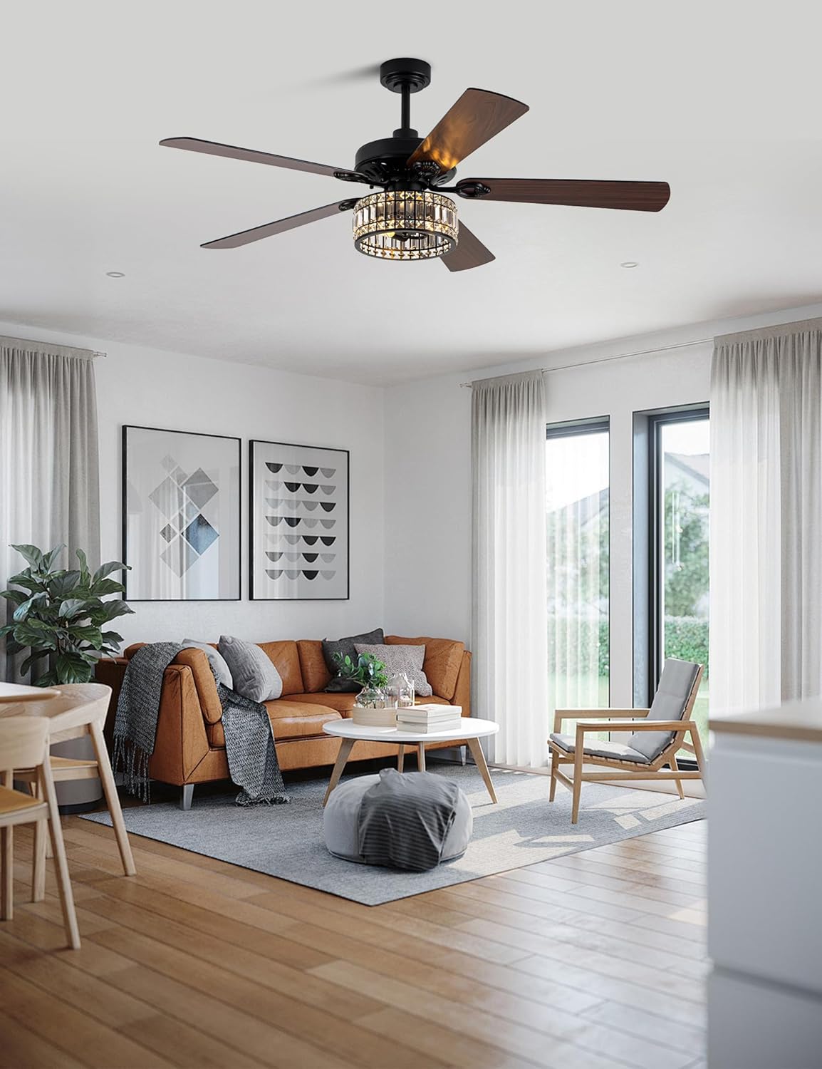 60 Inch Farmhouse Ceiling Fan with Light Black Crystal Chandelier Ceiling Fan, Quiet Reversible DC Motor, for Living Room Bedroom, 6 Speeds