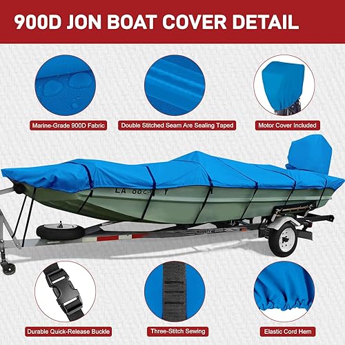 Miniatura 4 de Boatpro Jon - Funda para barco de 18 pies, 900D resistente al agua, remolcable Jon Boat de 18 pies con cubierta de motor, lona de grado marino, azul