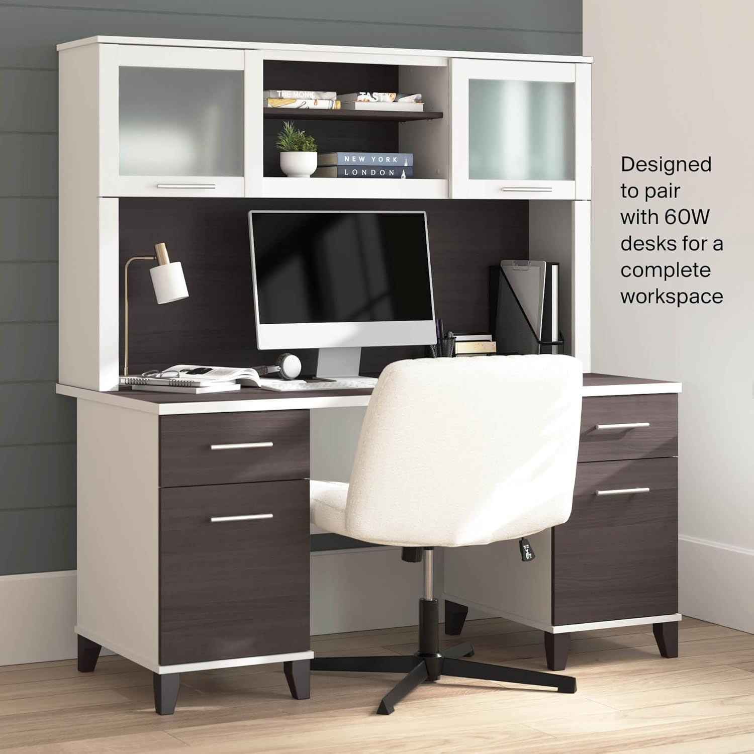 Bush Home 60-Inch Desk Hutch, Office Storage Organizer with Shelves, Cubbies and Frosted Glass Doors for Computer Desk, Home Office Furniture, Somerset Collection, Storm Gray and White