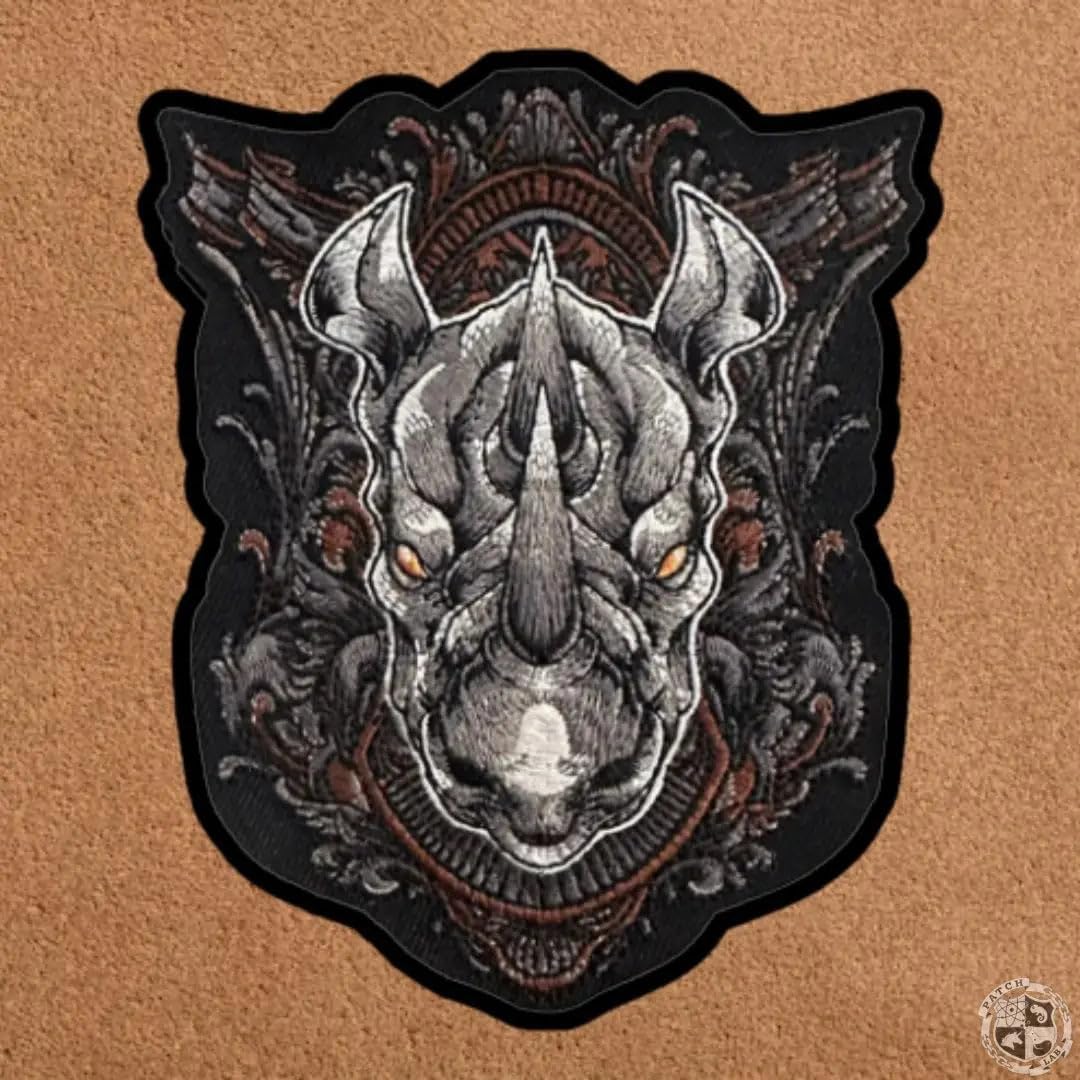 Patchlab Rhino Shield Trophy Embroidery Morale Patch, Micro Hook & Loop Attachment for Backpacks, Jackets, Hats | for Collectors, Warriors Patches, Multicolor, 5 inches
