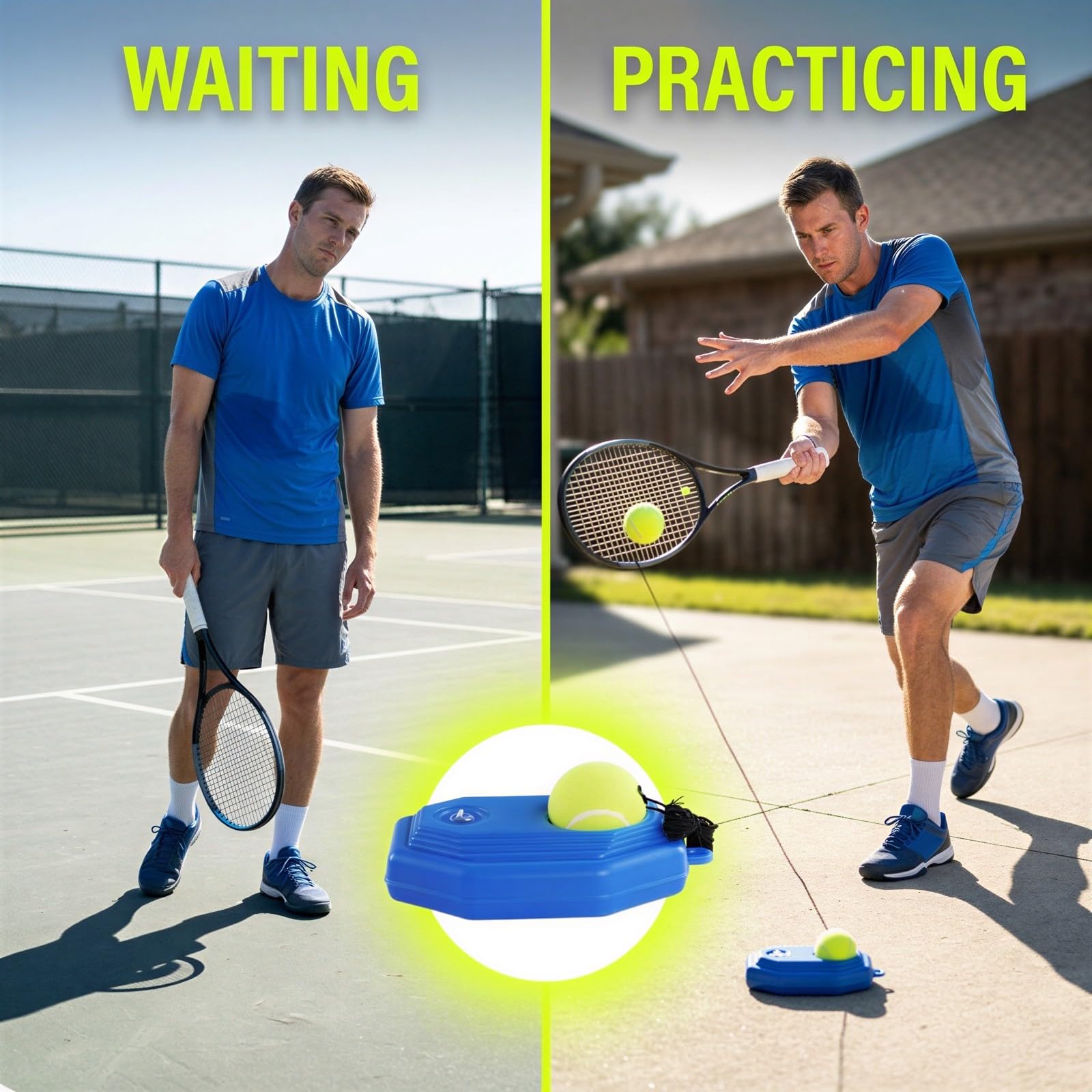 Pelota de tenis de 22,6 x 15 cm, reboteador octogonal con base pesada, pelota de entrenamiento de tenis portátil con cuerda para entrenamiento en solitario para jardín, interior, exterior, pista de