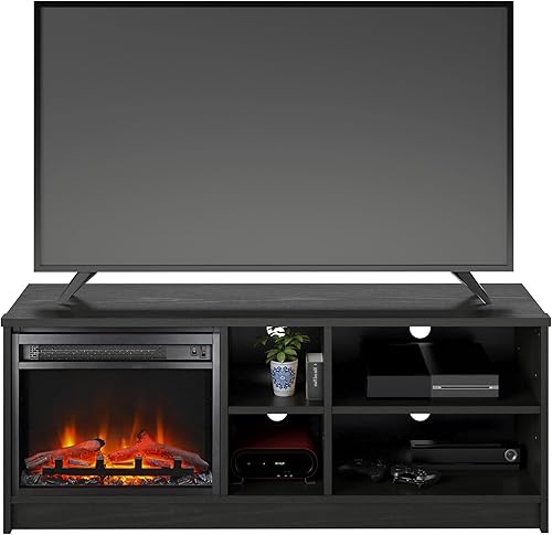 Miniatura 2 de Ameriwood Home Noble - Soporte de TV asimétrico con inserto de chimenea eléctrica y 4 estantes, 55 pulgadas, roble negro