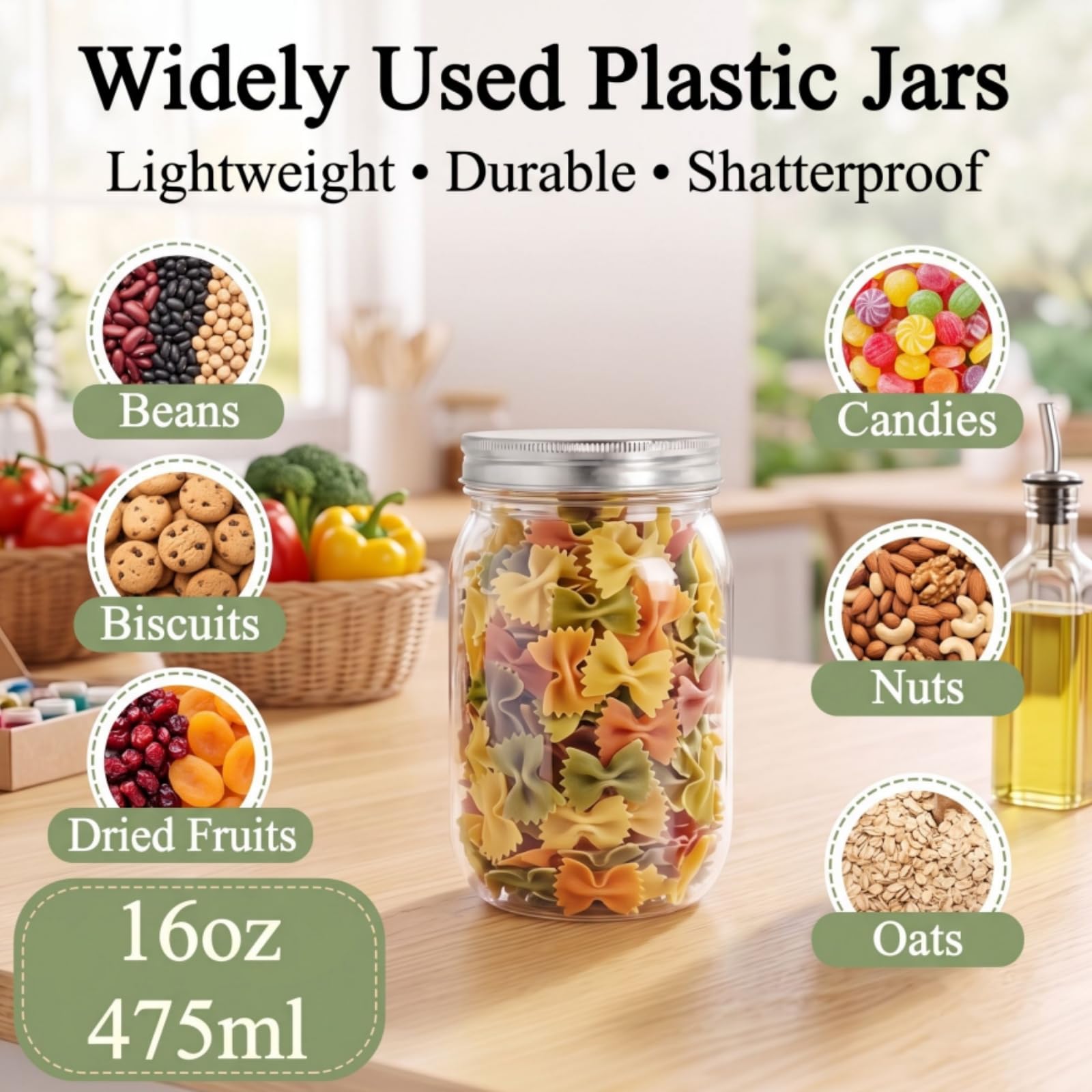 Tebery Lot de 12 bocaux Mason en plastique transparent avec couvercles monobloc, 473,6 g, incassables, vides rechargeables pour avoine, miel, épices et herbes