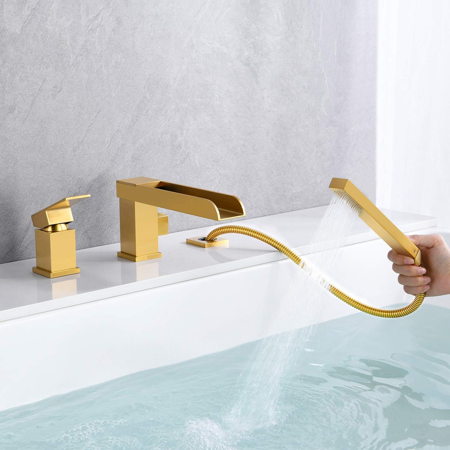 Waterfall Roman Tub Faucets Deck Mount Brushed Gold Bathtub Faucets Brass Tub Filler Bathroom Faucets with Hand Shower