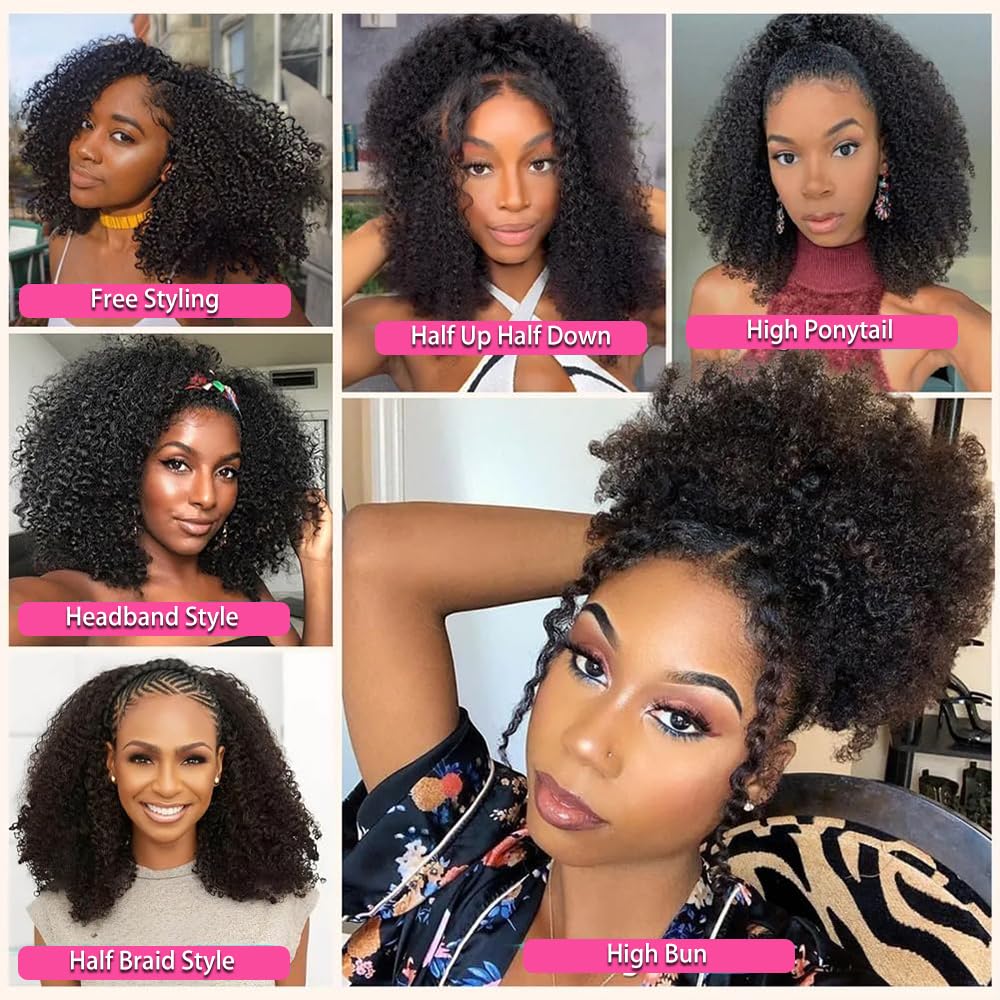 Larhali Kinky Curly Half Wig Human Hair 180% Density Wear And Go Glueless Wigs Human Hair 18 Inch Curly 3 In 1 Half Wigs for Women Drawstring Seamless Flip Headband Wig Beginner Friendly