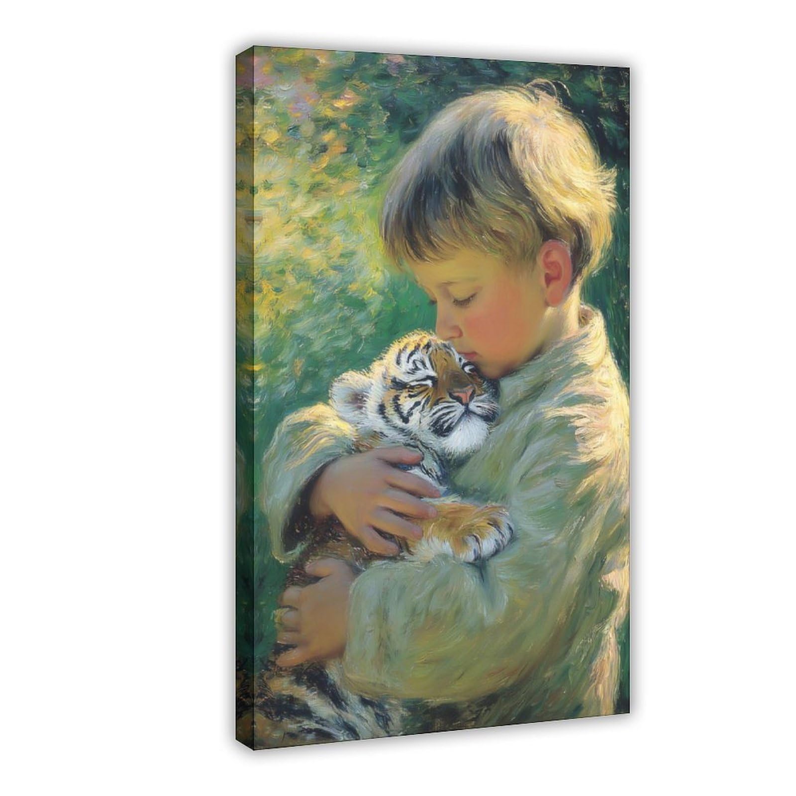 Ywtjax Frame-Style Child Hugging A Tiger Cub Poster Canvas Poster For Home Decor Gift