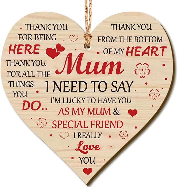Mum Heart Plaque I Love You Mum Gifts Handmade Wooden Hanging Sign Birthday Christmas Mother's Day Present for Mother Mum from Daughter Son, 10 x 10 cm (Grateful Style)