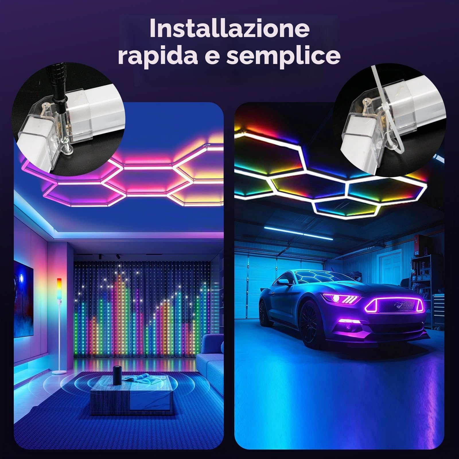 Illuminazione esagonale LED RGB 5 Hex 216W luci soffitto esagonali | dimmerabili collegabili Luci esagonali RGB con telecomando/app per per sale palestra, bar, sala giochi, garage, seminterrato