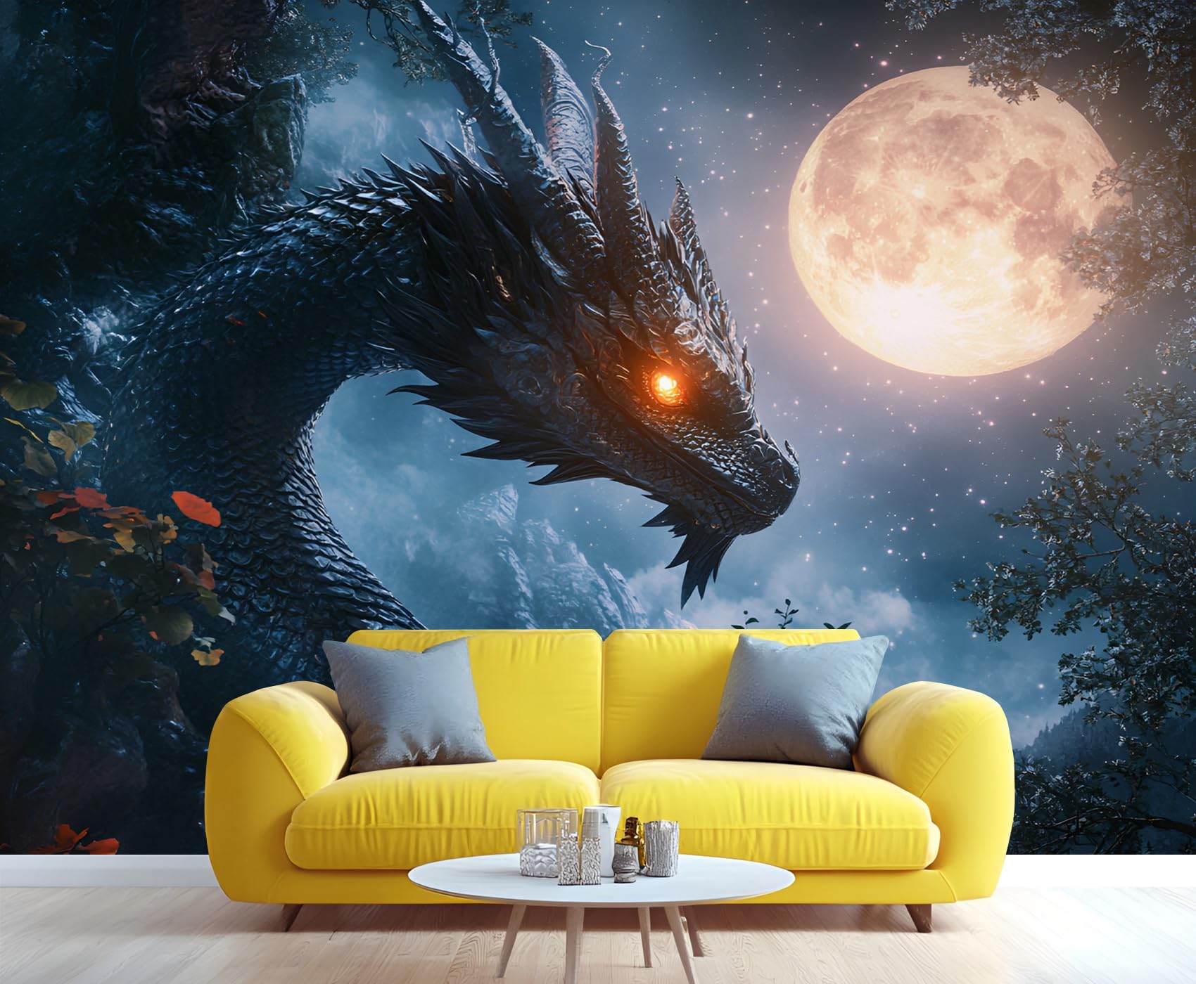 YXQAIED Black Dragon Wallpaper, Western Dragon Bedroom Wallpaper, Fantasy Animals Wallpapers for Living Room, Not Self Adhesive Black Branches Photo 3D Wall Murals & Room Decor, 260x175cm — image 1