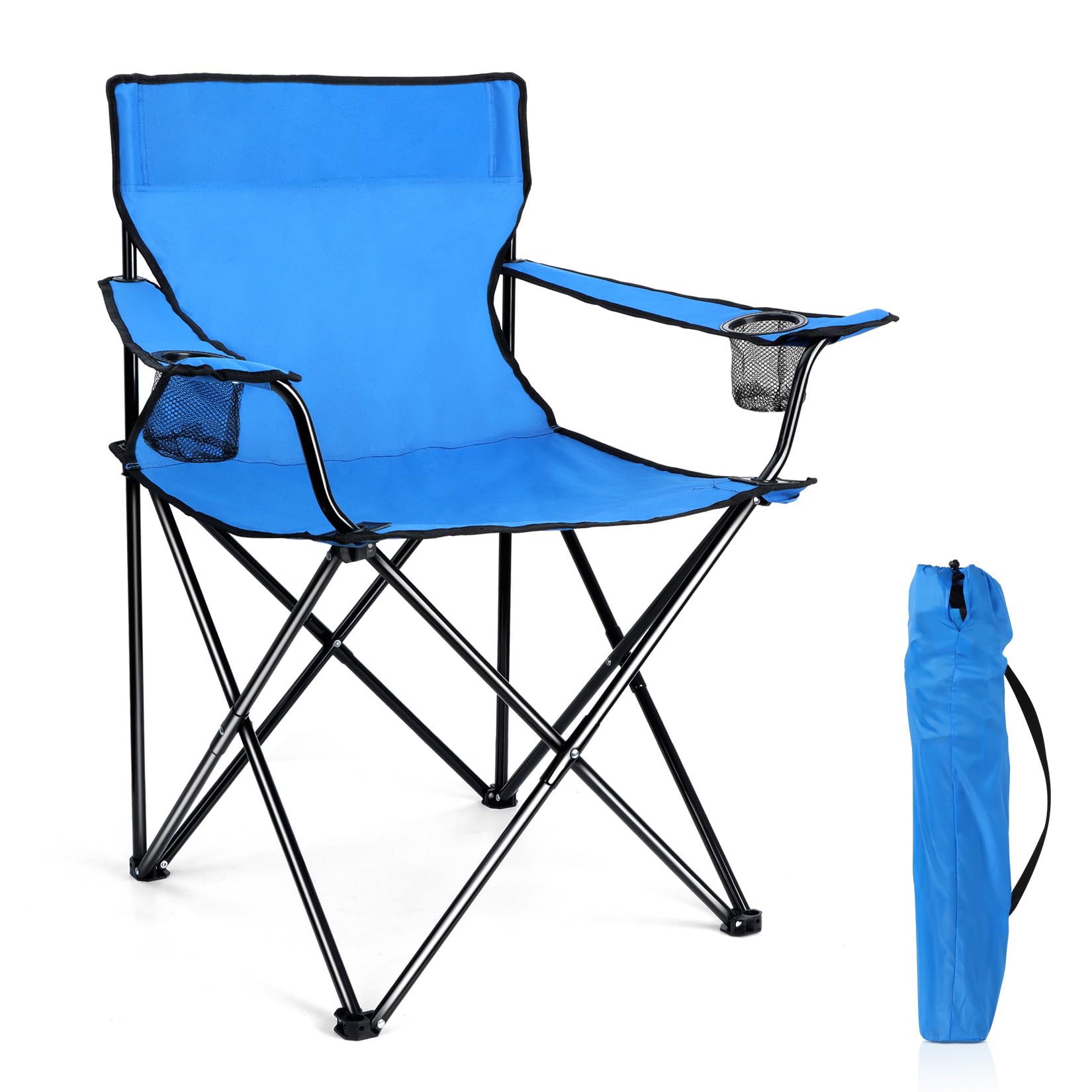 Joyfair Blue Portable Camping Chair, Large Outdoor Folding Chairs for Beach, Fishing, Patio, Backyard and More Outdoor Sports, Heavy Duty Foldable High Back Chair for Adults, Carry Bag & Cup Holders