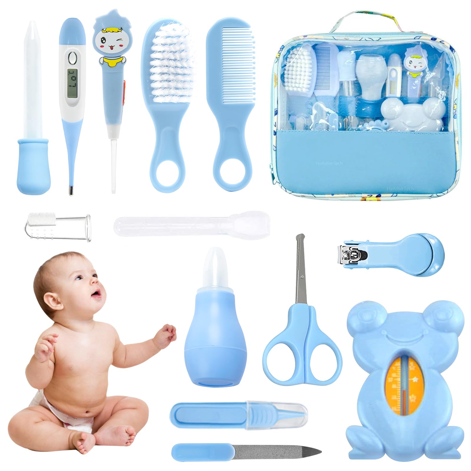 Trousse de Soin Bébé, HyAdierTech 13 Bébé Naissance Set, Kit de Soin Bébé, soins bébé Infirmière nouveau-né Bébé Clou Cheveux Soins de santé Des gamins Thermomètre Toilettage Brosse Trousse (blue)