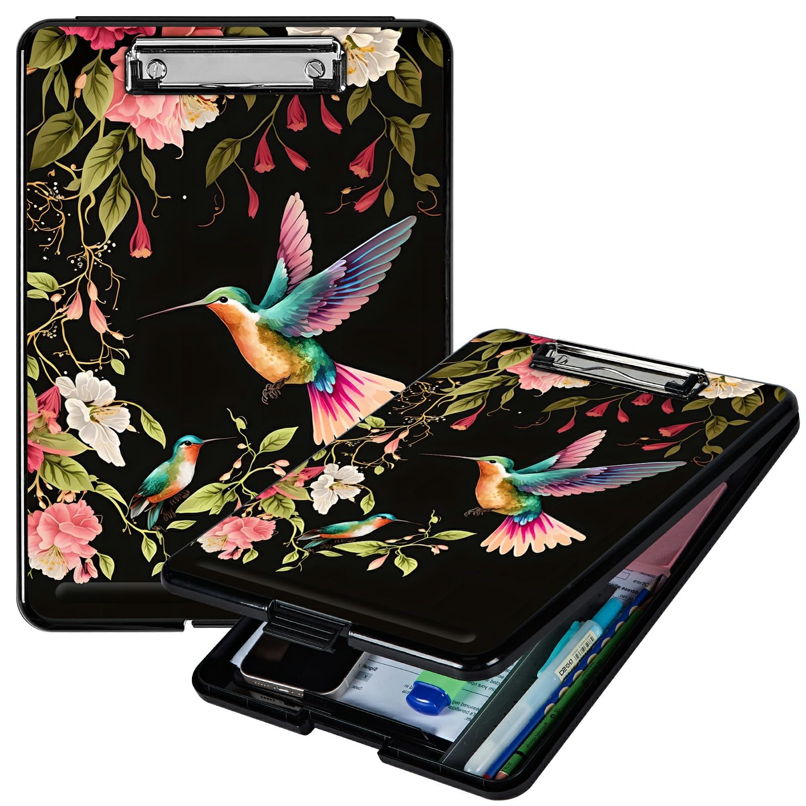 RWUTYTIUL A4 Clipboard with Storage Pen Holder, Clipboards Organizer Nursing Clipboard Foldable File Folder Plastic Clipboard Folio Clip Board for Office Students Classroom Doctor, Flower Hummingbird — image 1