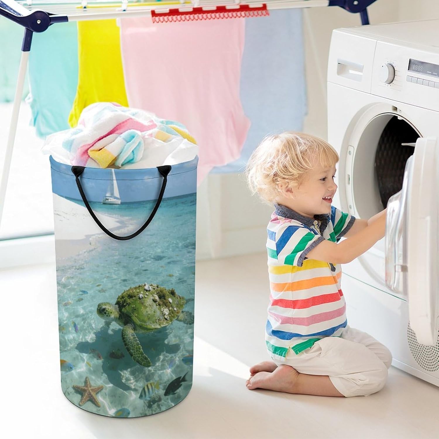 The Fun of Turtles on The Shallow Beach Laundry Hamper with Handles Waterproof Collapsible Laundry Basket Large Lightweight Round Dirty Clothes Hamper for Home Dorm Bathroom Decor