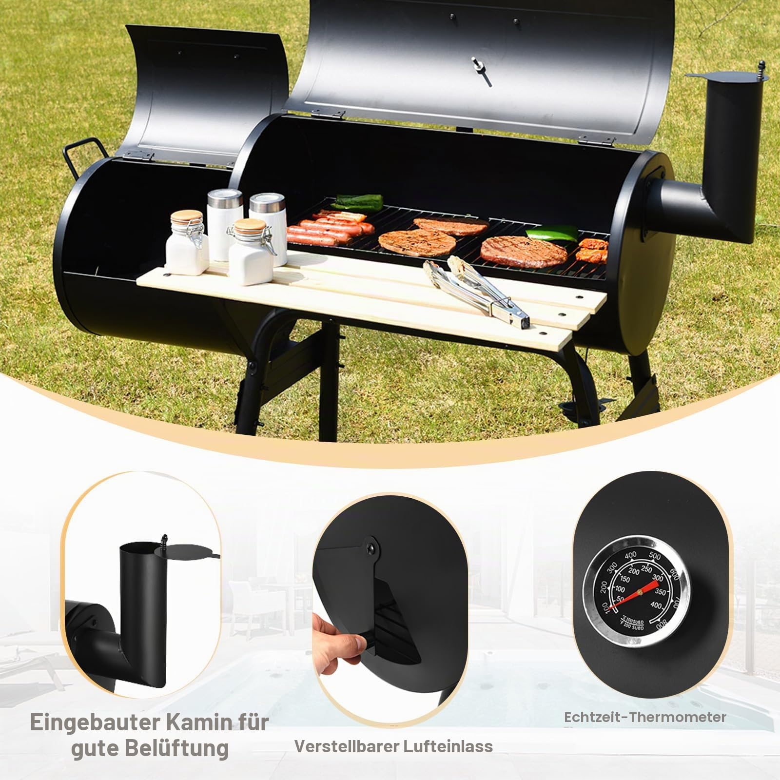 KOMFOTTEU Holzkohlegrill mit Kamin, 2 in 1 Räuchern Grillen, Thermometer und Rädern, Rauchgrill Stahlgrill mit seitlichem Tisch & Bodenregal, Grillwagen BBQ für outdoor, Smoker Grill 115x65x108 cm