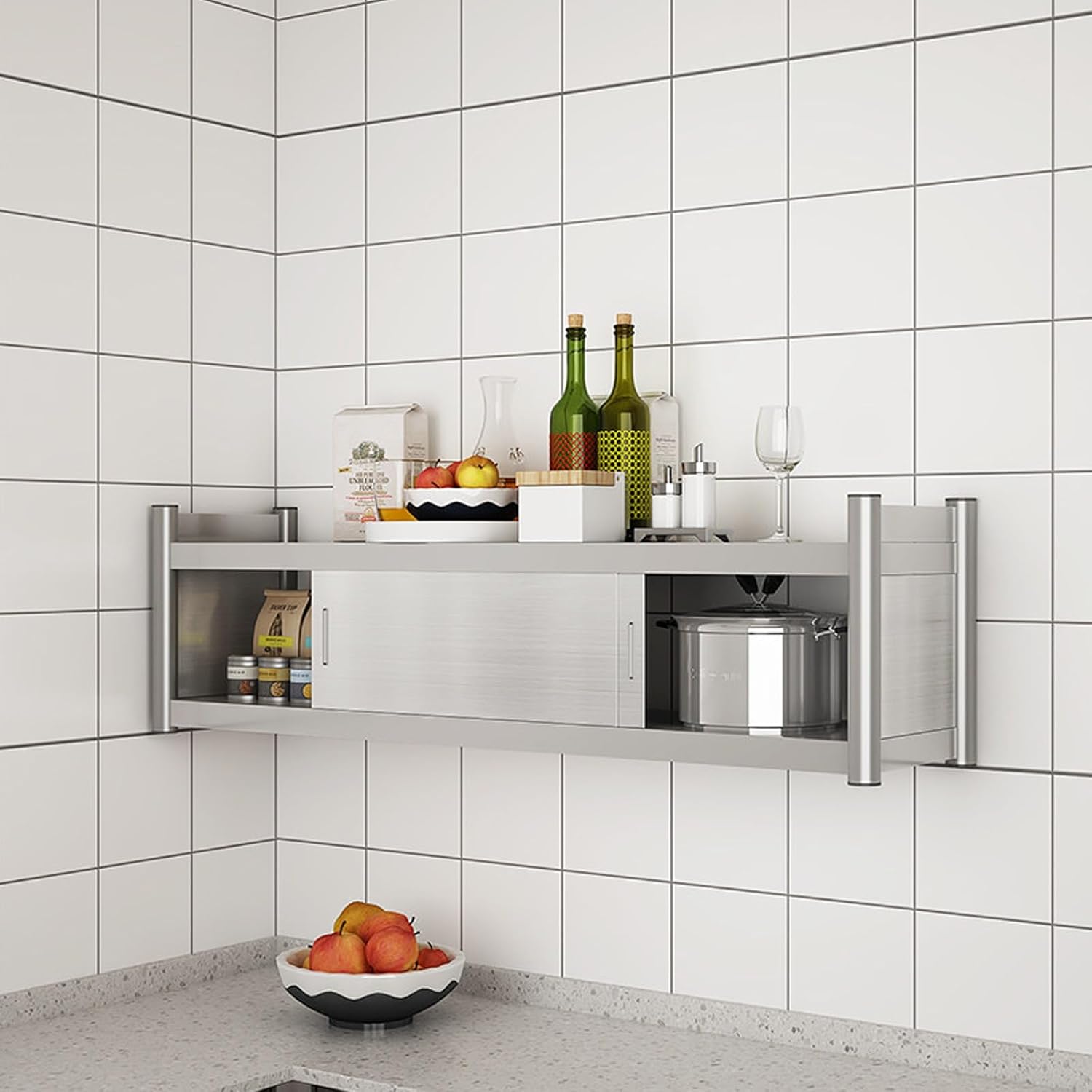 Wall Cabinet with Doors, 2-Tier Kitchen Wall Cabinets Storage, Stainless Steel Wall Mount Cabinets for Kitchen, Heavy Duty Kitchen Wall Cabinet with Sliding Doors for Coffee Bar, Bathroom,1-tier-120/
