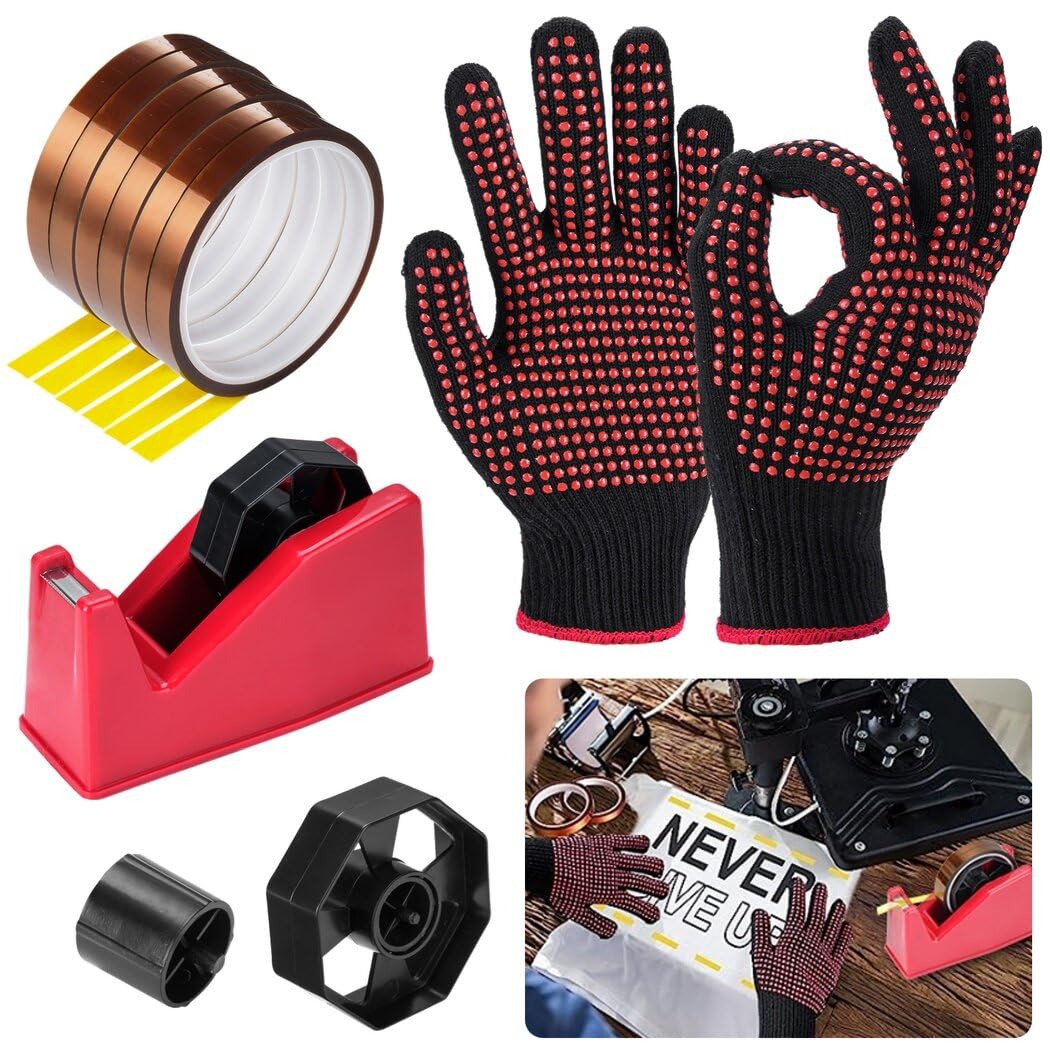 Wärmeübertragungs-Set mit Spender, Handschuhen und hitzebeständigen Klebebändern für Sublimation, inklusive Doppelrollenspender und sechs Klebebändern