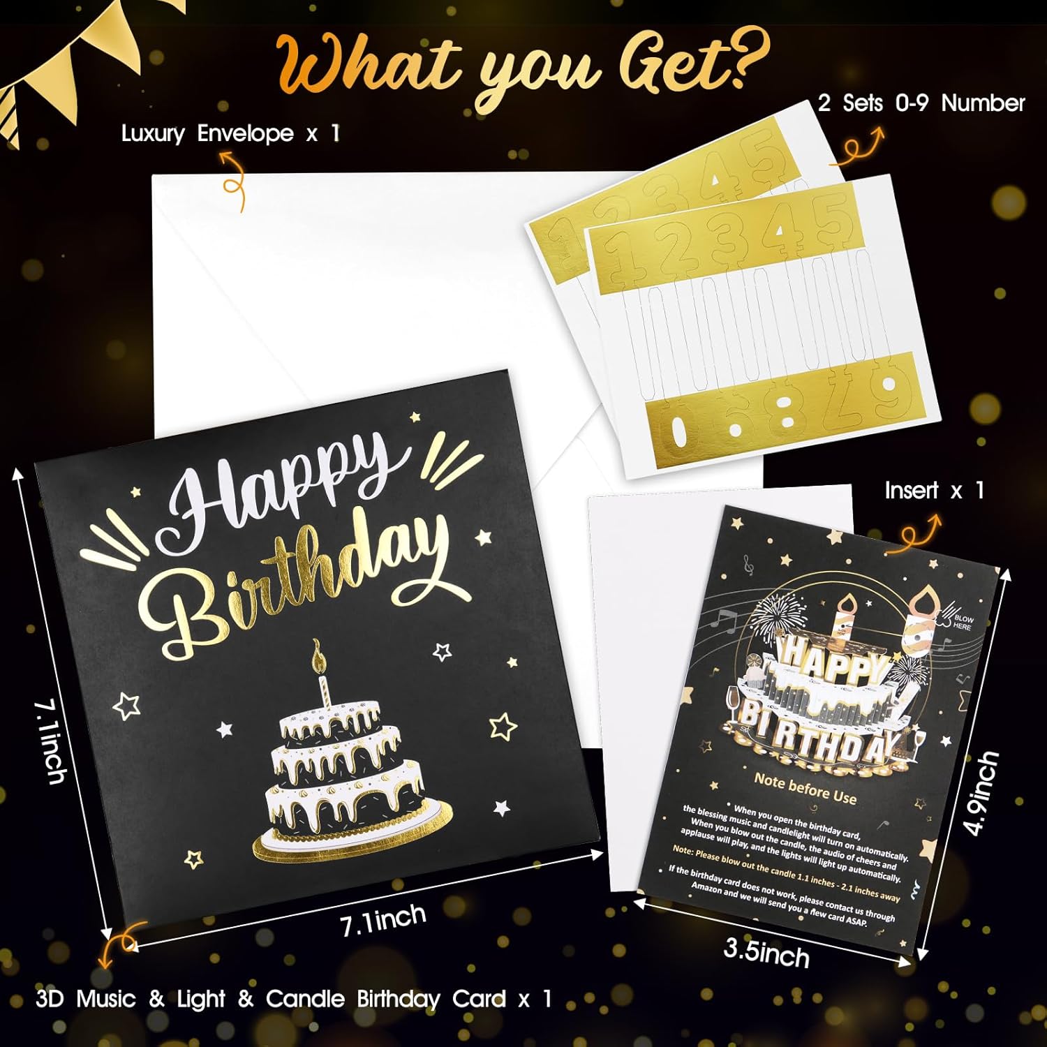 BEAN LIEVE DIY 3D Pop Up Birthday Card with Fireworks Cake, LED Lights & Music - Elegant Black and Gold Greeting Card for Women, Men, Grandma, Mom, Kids, Dad - Unique Birthday Gift for All Ages - Image 3
