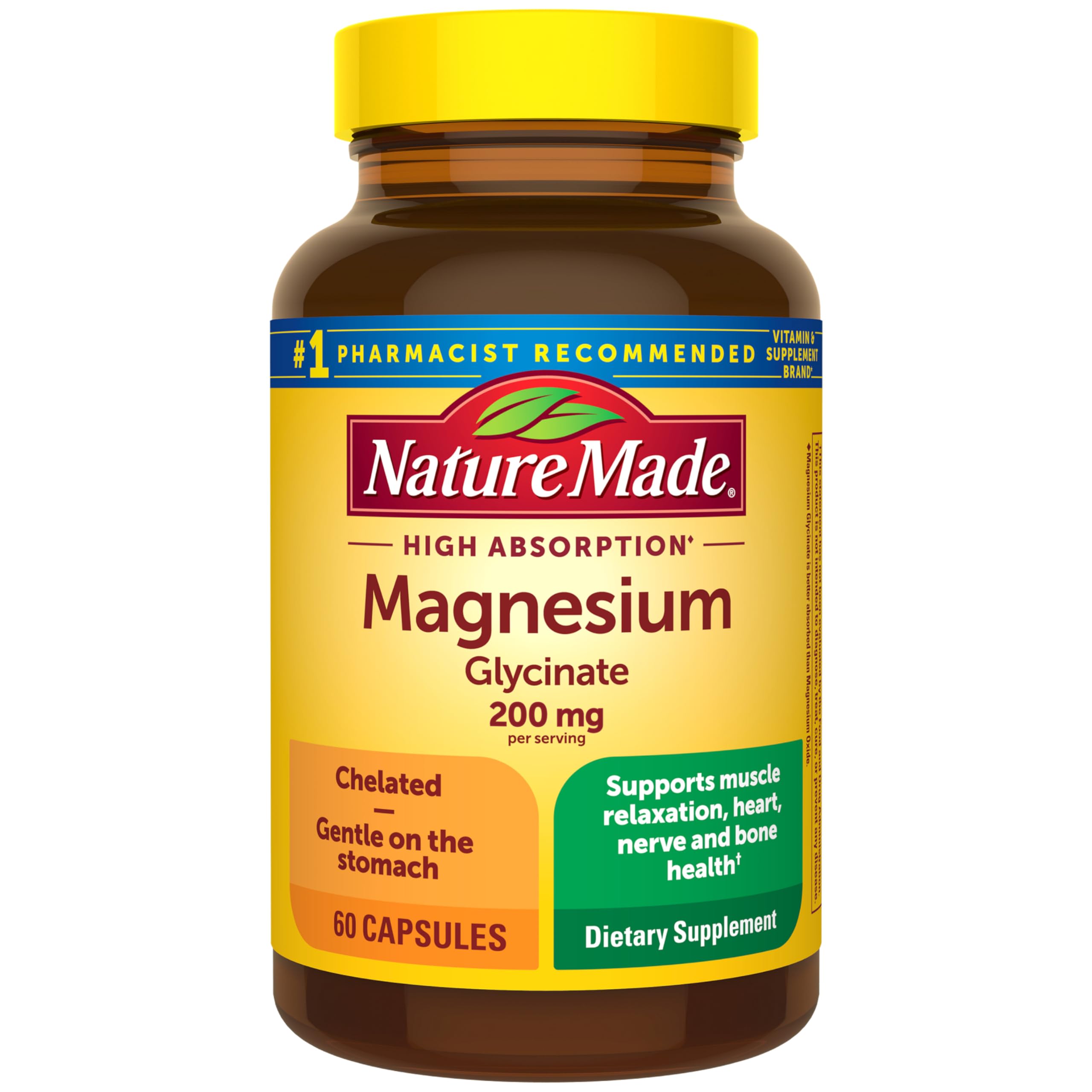 Nature Made Magnesium Glycinate 200 mg per Serving, Magnesium Supplement for Muscle, Heart, Nerve and Bone Support, 60 Magnesium Bisglycinate Capsules, 30 Day Supply