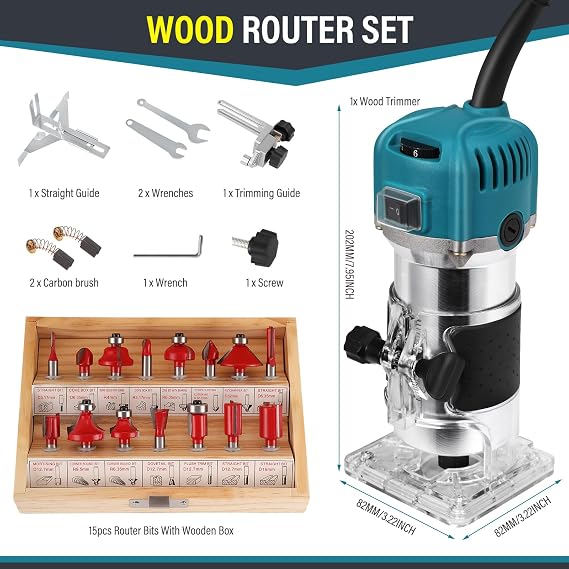 Palm 800W 30000Rpm Woodworking Hand Tool with Trimmer Base & 15Pcs Router Bits Set, 6 Variable Speeds Handheld Wood Trimmer with Straight Guide, 220V
