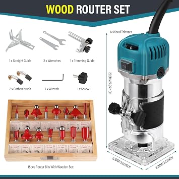 Palm 800W 30000Rpm Woodworking Hand Tool with Trimmer Base & 15Pcs Router Bits Set, 6 Variable Speeds Handheld Wood Trimmer with Straight Guide, 220V