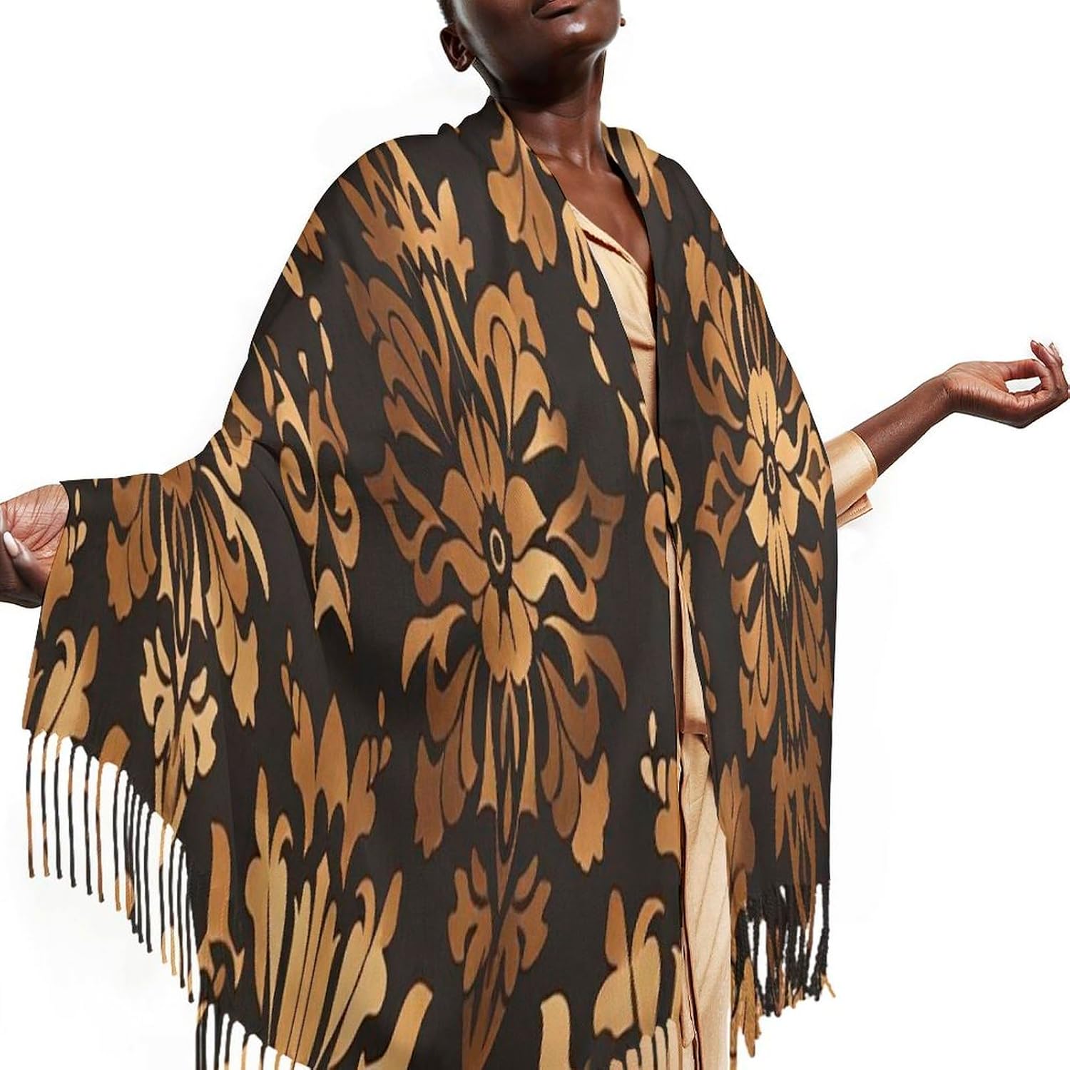 Vintage Gold Black Tan Floral Scarf for Women Men Soft Warm Fashion Blanket Scarves Classic Cashmere Feel Scarf Long Shawl Large Scarves Cold Weather Thick Blanket Scarfs