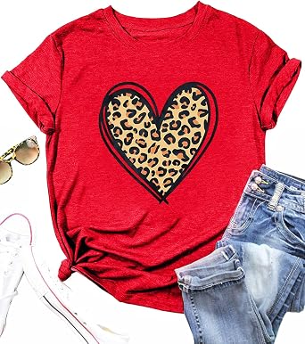 Valentines Day Shirts for Women Leopard Love Heart T Shirts Valentine Gift Tops Lover Gift Short Sleeve Tops