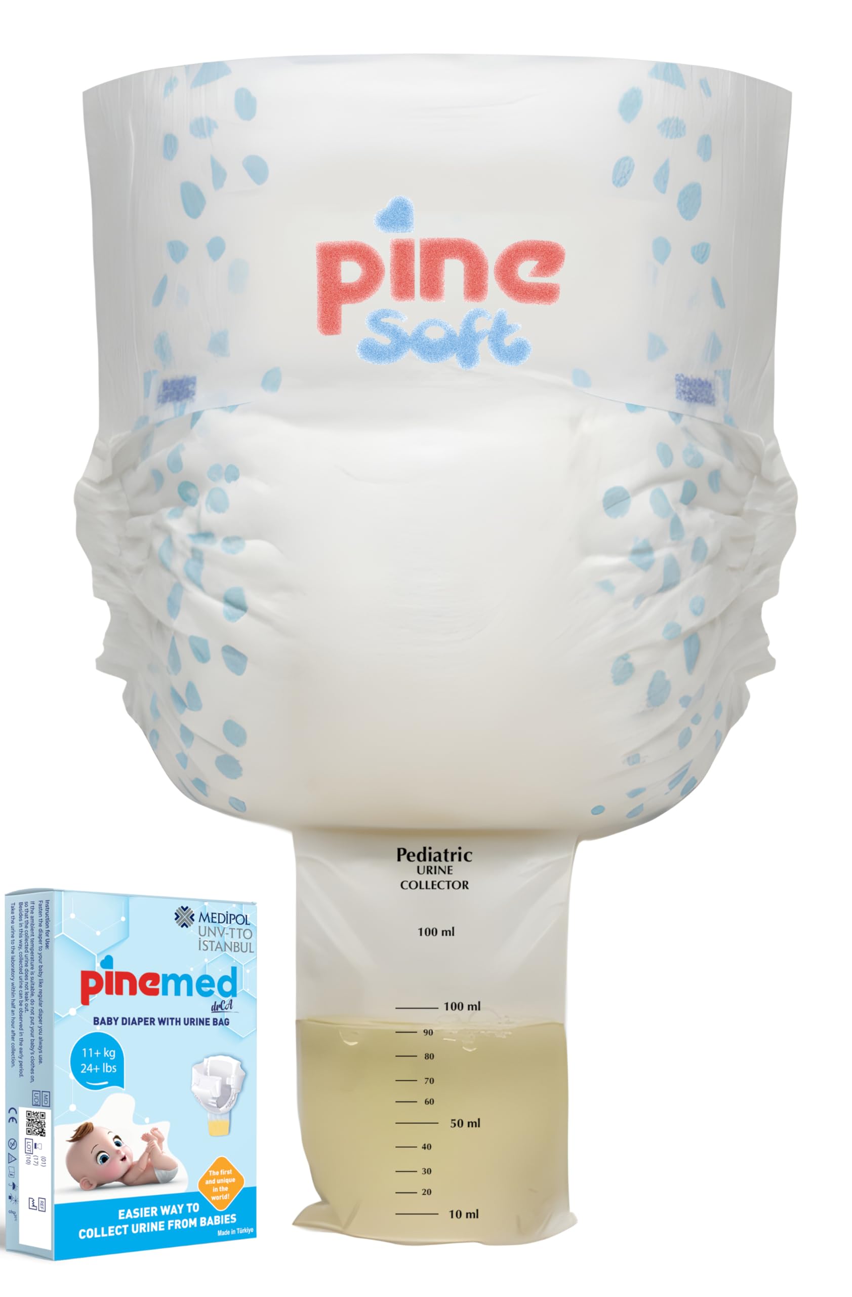 Urine Bag for Babies 11+ kg | Pediatric Urine Container with Sterile Pouch | PINEMED Disposable Diaper Kit | Urine Collection Tube Sample System | Newborn Toddler Test Collector 2 Nappies Inside Pack